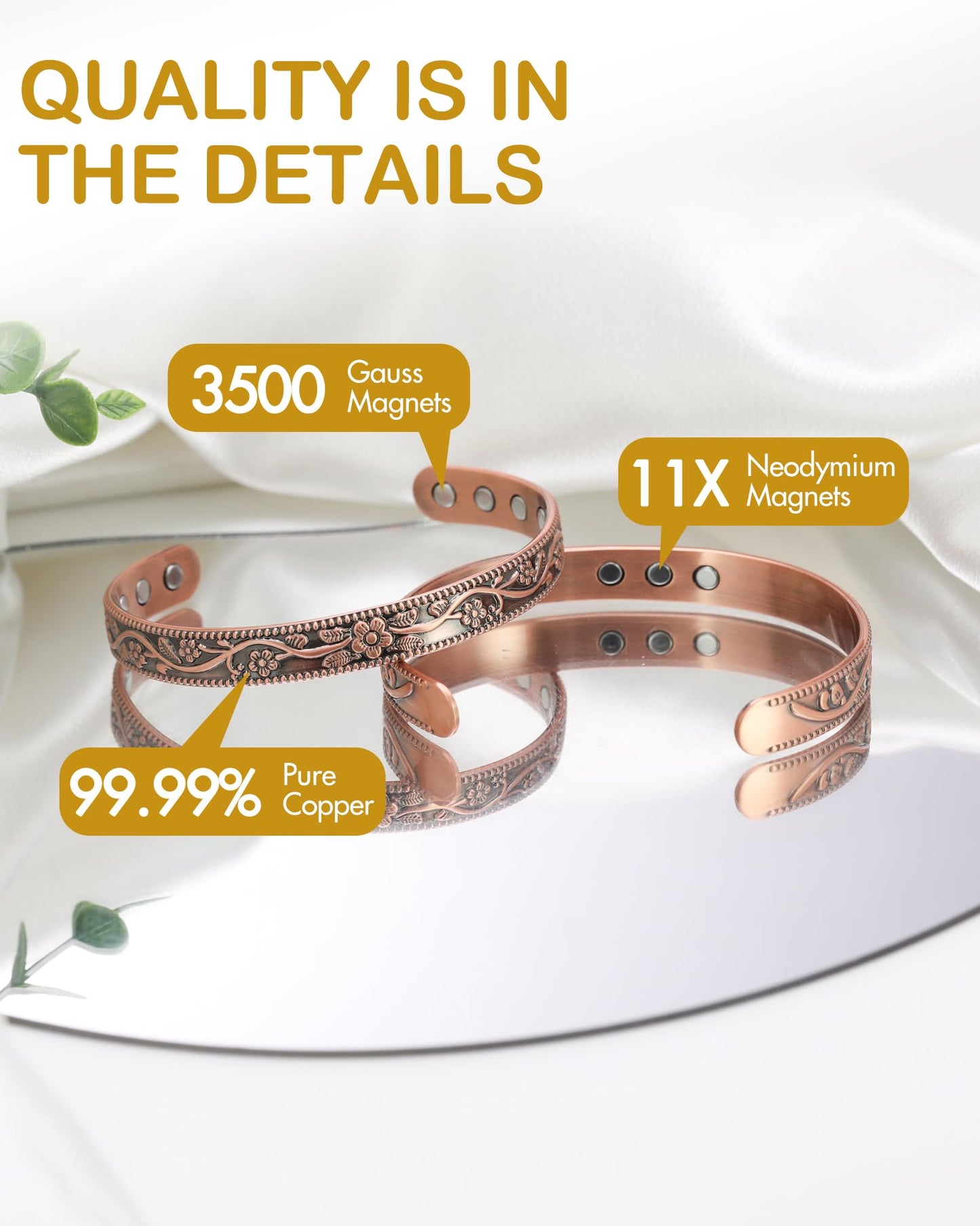 Feraco Copper Bracelet for Women, 11X Ultra Strength Magnetic Bracelets, 99.99% Pure Copper Cuff Bangle with 3500 Gauss Neodymium Magnets, Adjustable, Vintage Flower Collection (Set of 2)