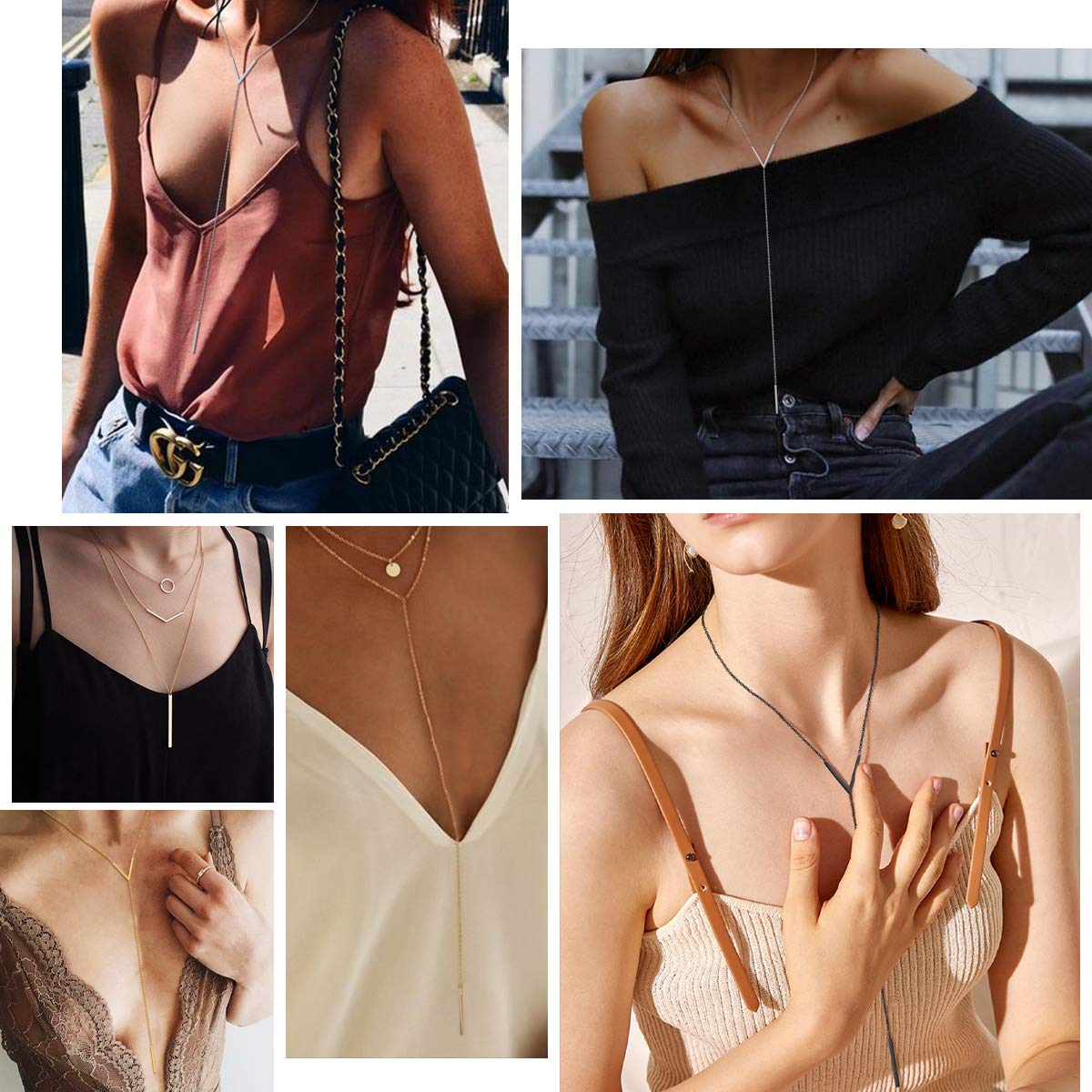 FOCALOOK Bar Pendant Y Lariat Necklaces Hypoallergenic Stainless Steel Dangle Extra Long Single Chain Black Pendant Necklace for Women