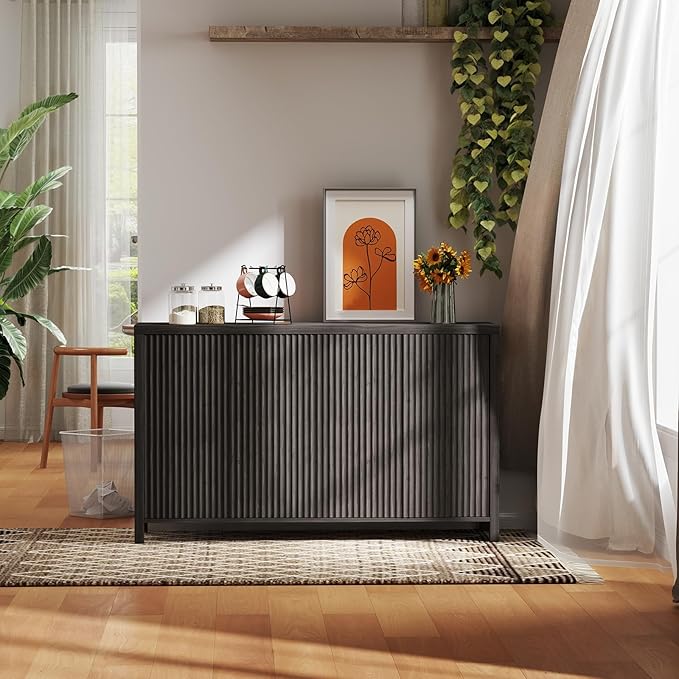 YOUDENOVA Fluted Buffet Cabinet with Storage, Modern Sideboard Cabinets with 4 Doors & Adjustable Shelves, Accent 56” Credenza Storage Cabinet, Wood Entryway Cabinet for Living Room Hallway, Grey