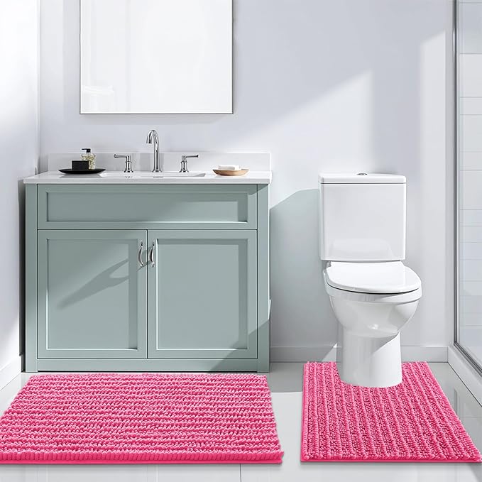 Arotive Luxury Chenille Bathroom Rug Mat, Extra Soft Thick Absorbent Shaggy Bath Rugs, Non-Slip Machine Wash Dry, Plush Bath Mats for Bathroom, Shower and Tub, 30x17, Deep Pink