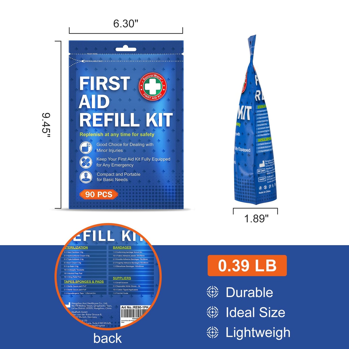 SuccorWare 90 Pieces First Aid Refill Kit - Wound Care Kit Includes Bandages for Home, Travel, Hiking - Portable Replacement Kit for First Aid Medical Supplies（1 Set）