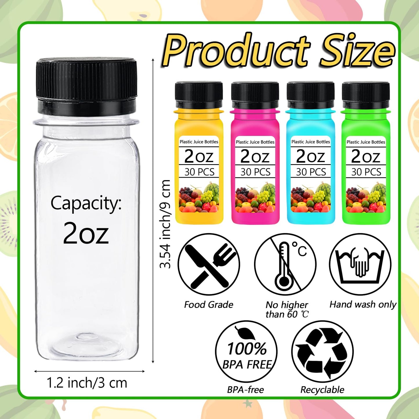 30PCS 2oz Small Plastic Shot Bottles with Caps,Reusable Clear Juice Containers,Empty Plastic Containers with 10 Funnels for Ginger Shots,Liquids,Beverages