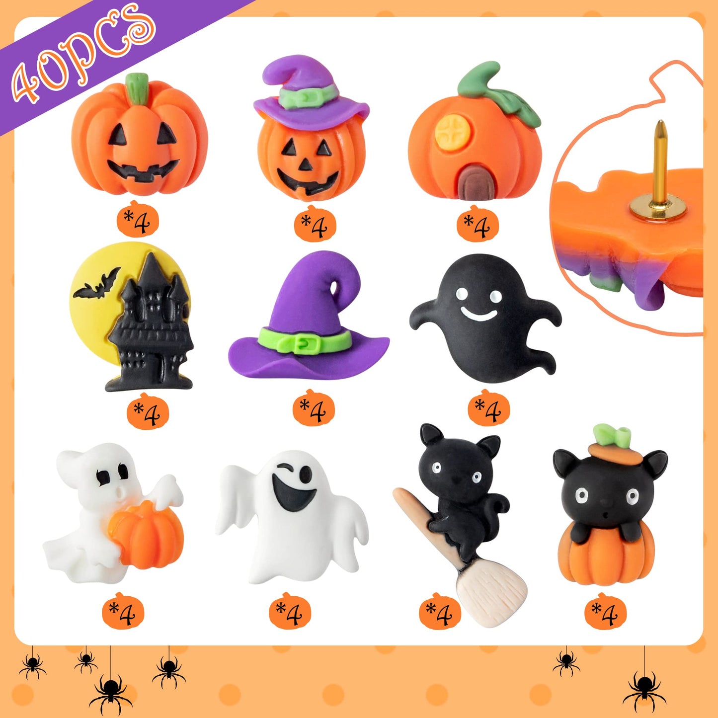 H1vojoxo 40PCS Halloween Push Pins Decoration for Cork Board, Halloween Decorative Thumb Tacks, Funny Pumpkin Push Pin for Photo Wall, Ghost Castle Push Pins for Bulletin Board