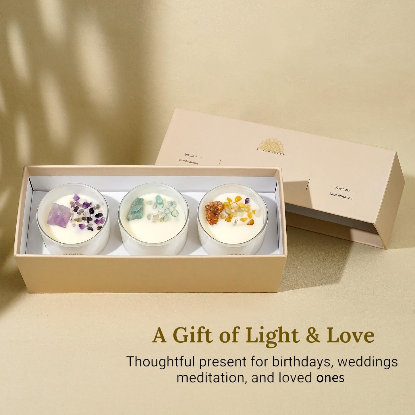 AVACONCEPT Crystal Infused Soy Wax Candle Gift Set Aromatherapy Scented Candles with Healing Crystals Natural Hand-Poured Luxury for Relaxation & Home Décor (Sunstone & Amethyst & Amazonite)