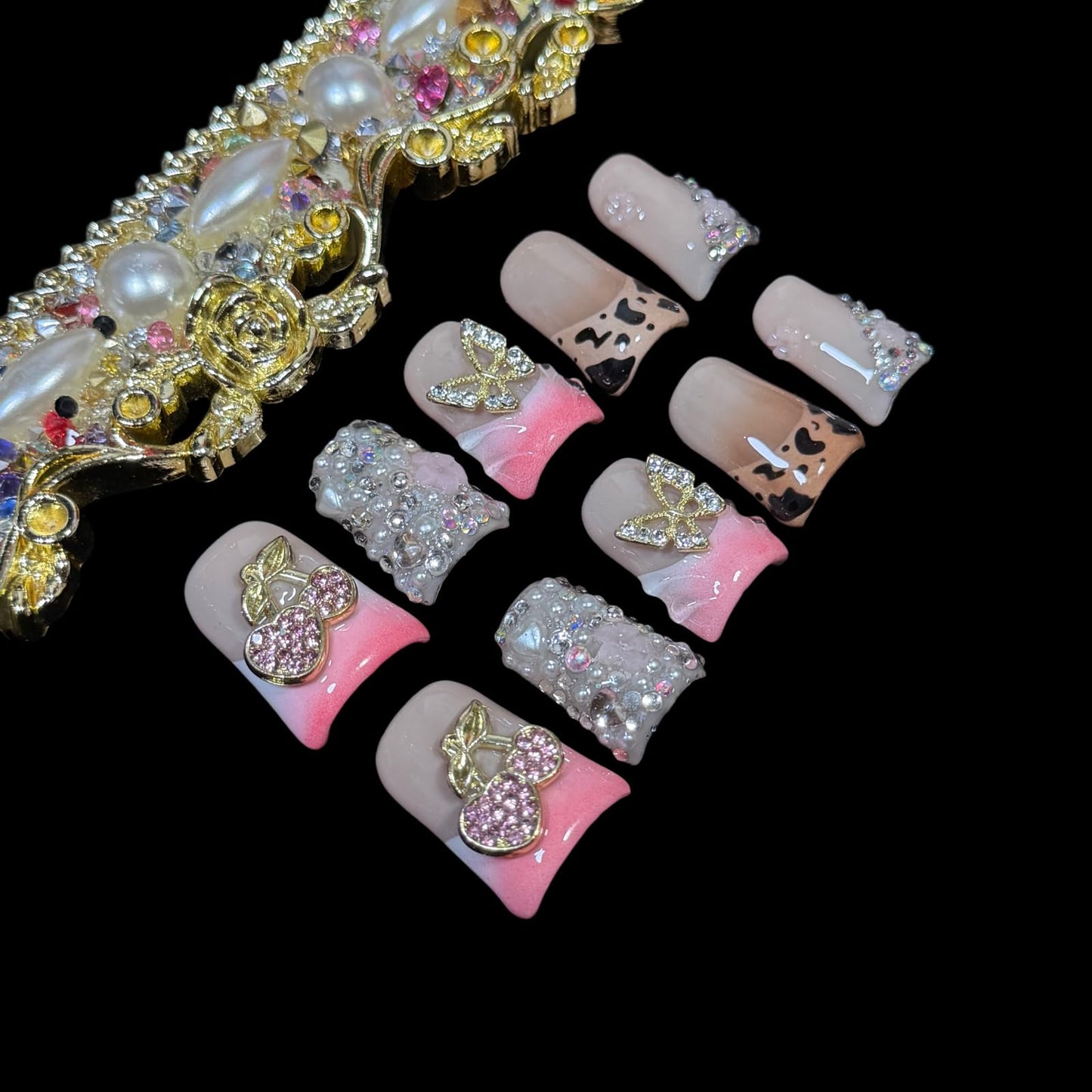 Handmade Press on Nails Short Duck Shape - Leopard Print & Full Diamond Cherry Design, Pink Acrylic Reusable False Nails with Gold Leaves & Butterfly, Unique 3D Nail Art Set (Jewel Orchard, M)