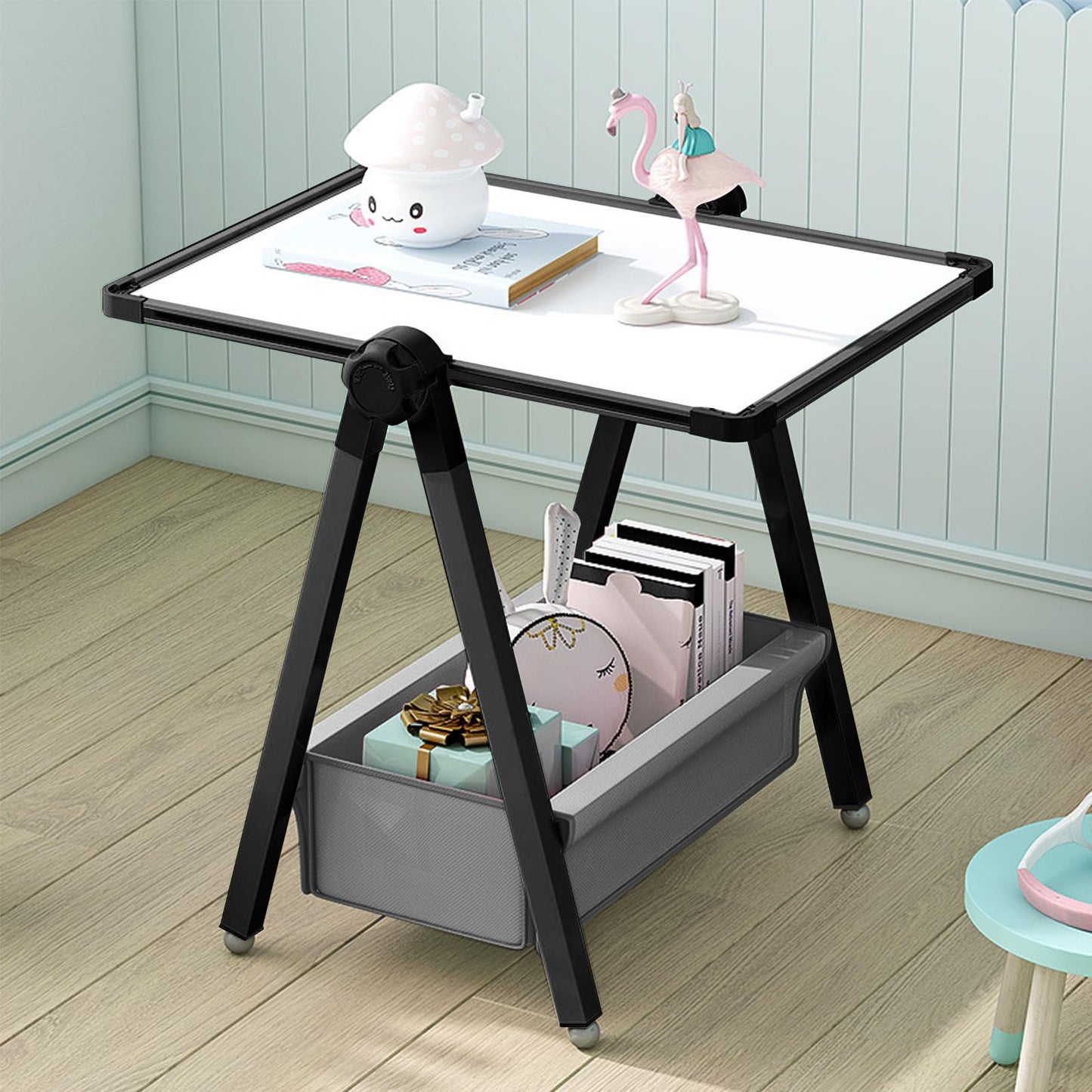 Art Easel for Kids, Double Sided Kids Easel Drawing Board, Whiteboard & Blackboard, 360°Rotating Adjustable(Black)