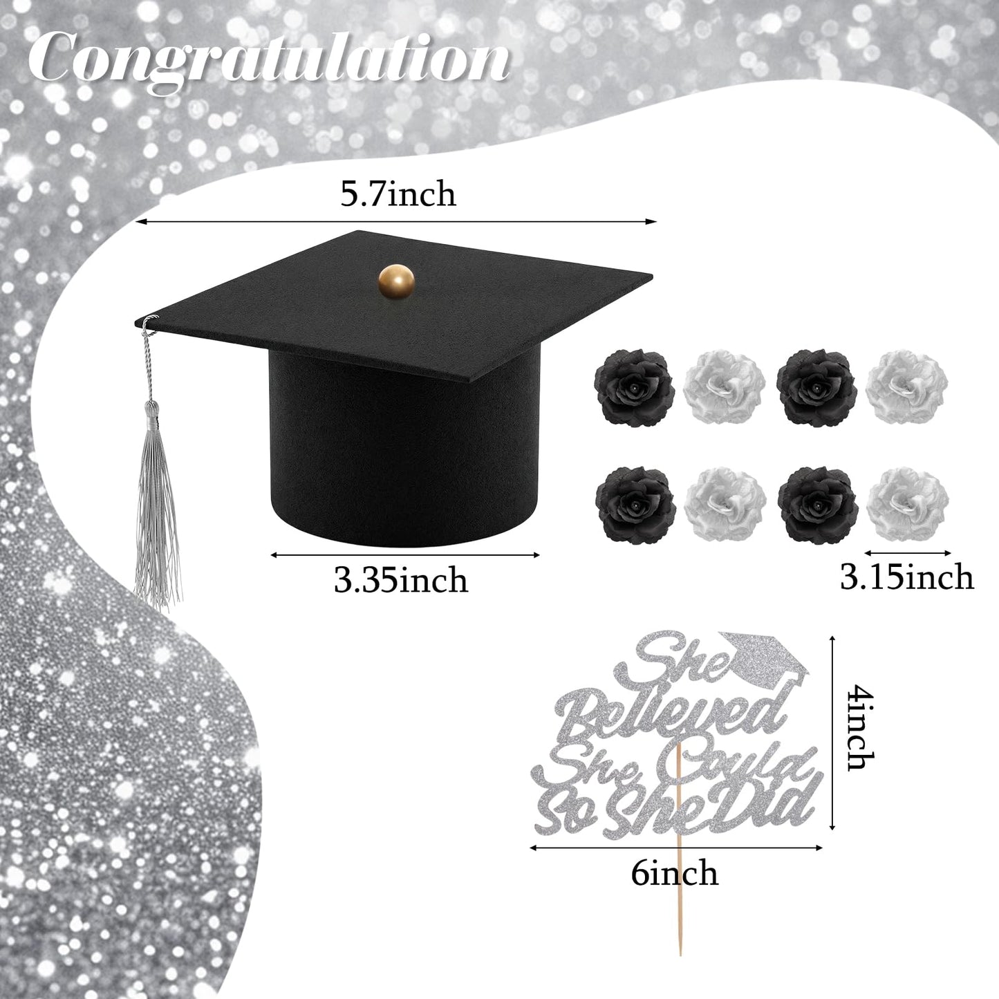 35 Pcs Graduation Cake Toppers Class of 2026 Graduations Cap Diploma She Believed She Could Beads Flowers Butterfly Cake Decorations for 2026 Graduation Party Supplies