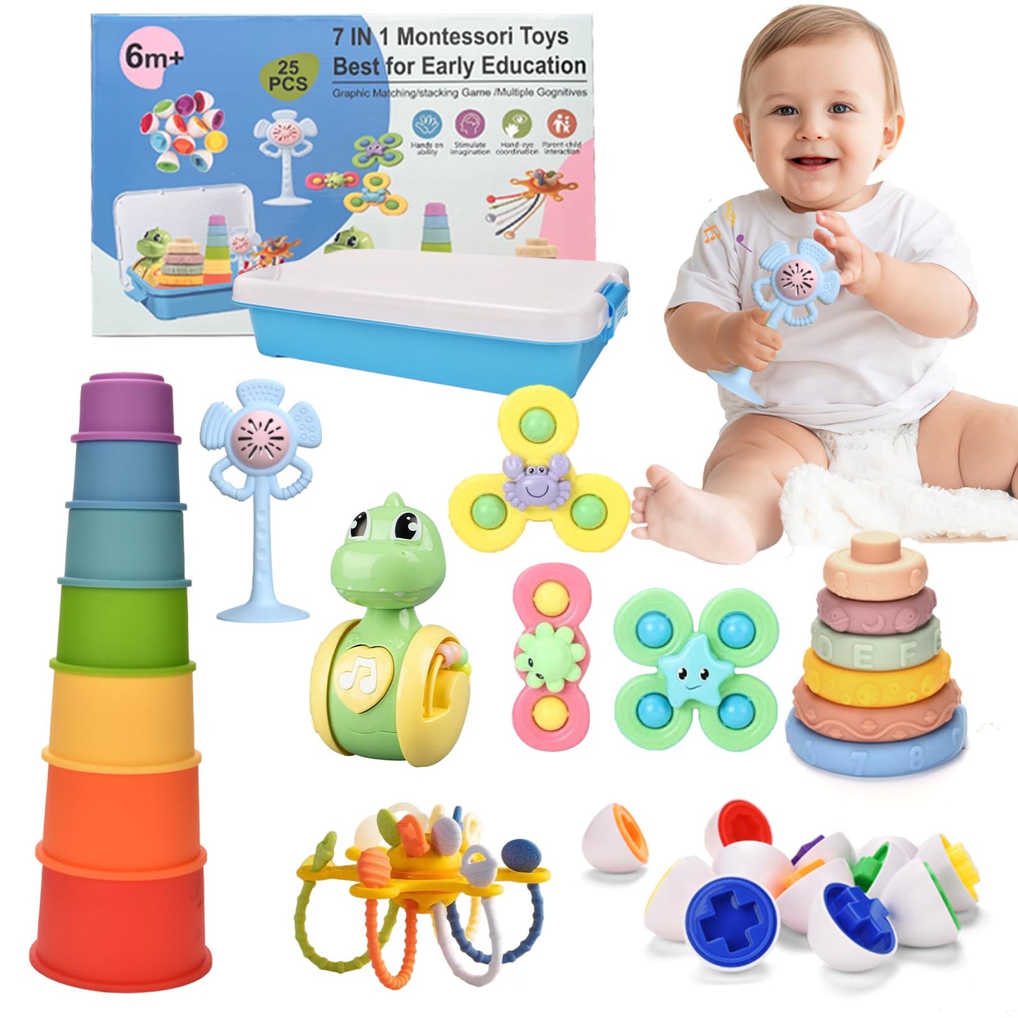 Montessori Baby Toys 6-9 12-18 Month,7-in-1 Sensory Infant Teething Toys for 6-12 Month,Stacking Blocks Cups Ring Matching Eggs Pull String Suction Cup Toy for Babies 6-12+ Months,1 Year old Baby Gift
