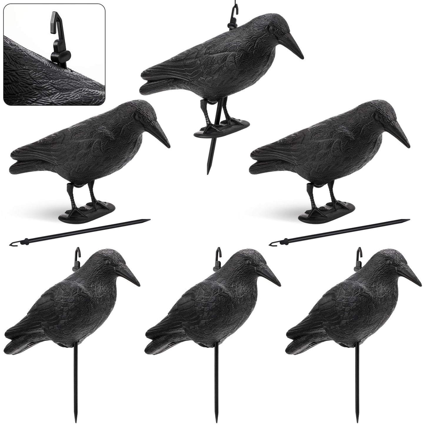 Novabright 6 Pcs Realistic Crow Decoys-Life Sized Simulation Crow Statue, Hunting Bait Decoys, Black Crows Decoy Figuring with Feet Stake for Hunting Halloween Party Yard Garden Decoration