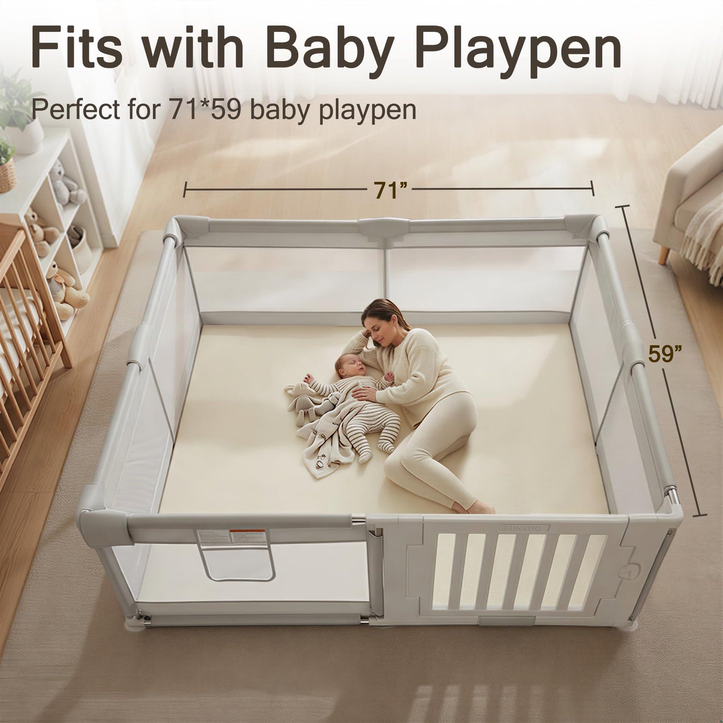 Funyoo Vegan Leather Baby Play Mat, 71x59 Thicken Foam Play Mat for Infants and Toddlers, Padded & Cushioned Playpen Mat for 71x59 Playpens, 1.2" Thick, Cream