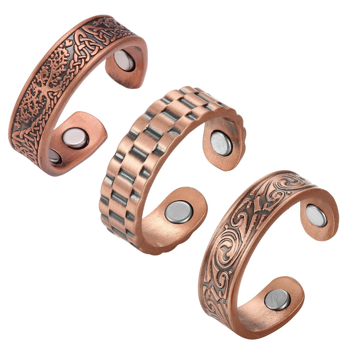 Fashtour 3 Copper for Men, 99.99% Solid Pure Copper, 3pcs 3500 Gauss #9 Tree of Life Vintage Pattern Adjustable Cuff