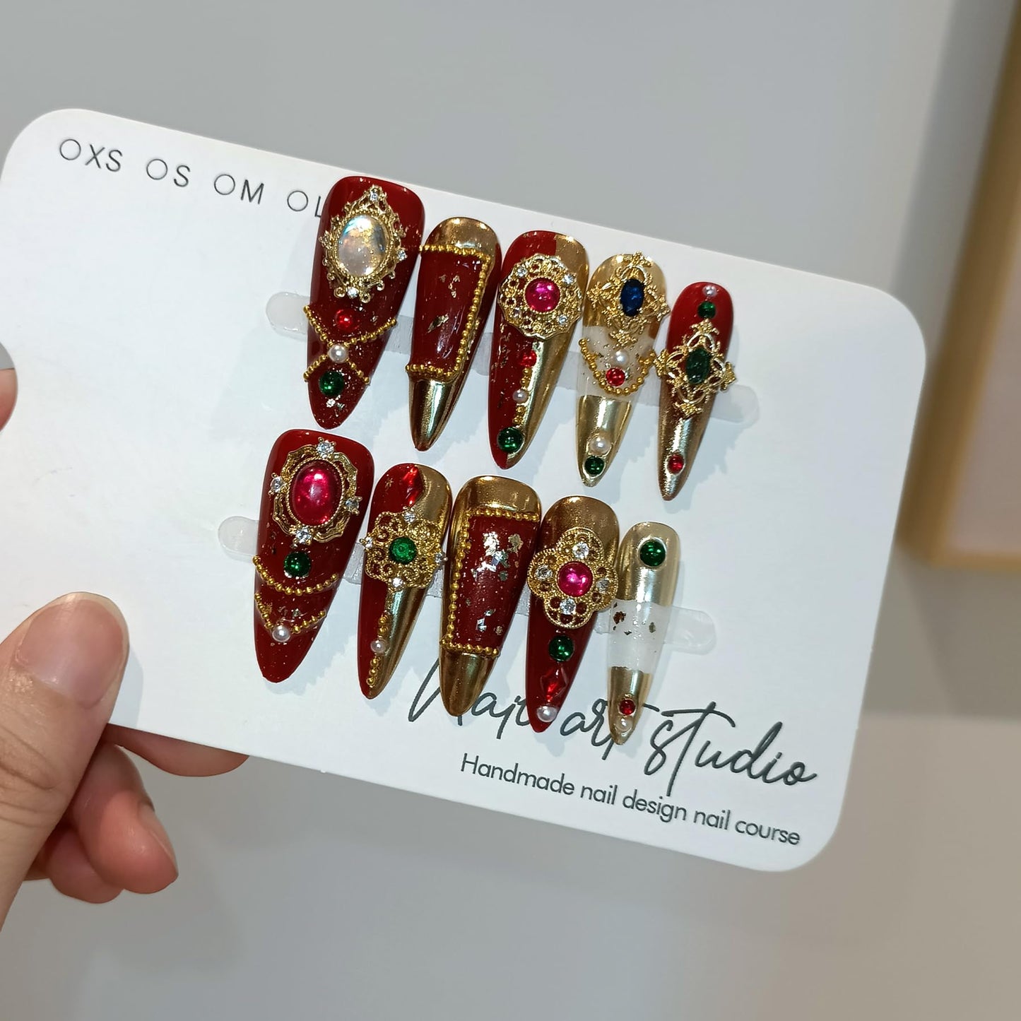 TENPAL Imperial Bridal Press On Nails Long Stiletto,Phoenix Vermeil Ruby Filigree Designs Glue on Nails,Heirloom Cameo False Nails 10Pcs with Tools Kit,Reusable Wedding Fake Nails for Bride Matron(S)