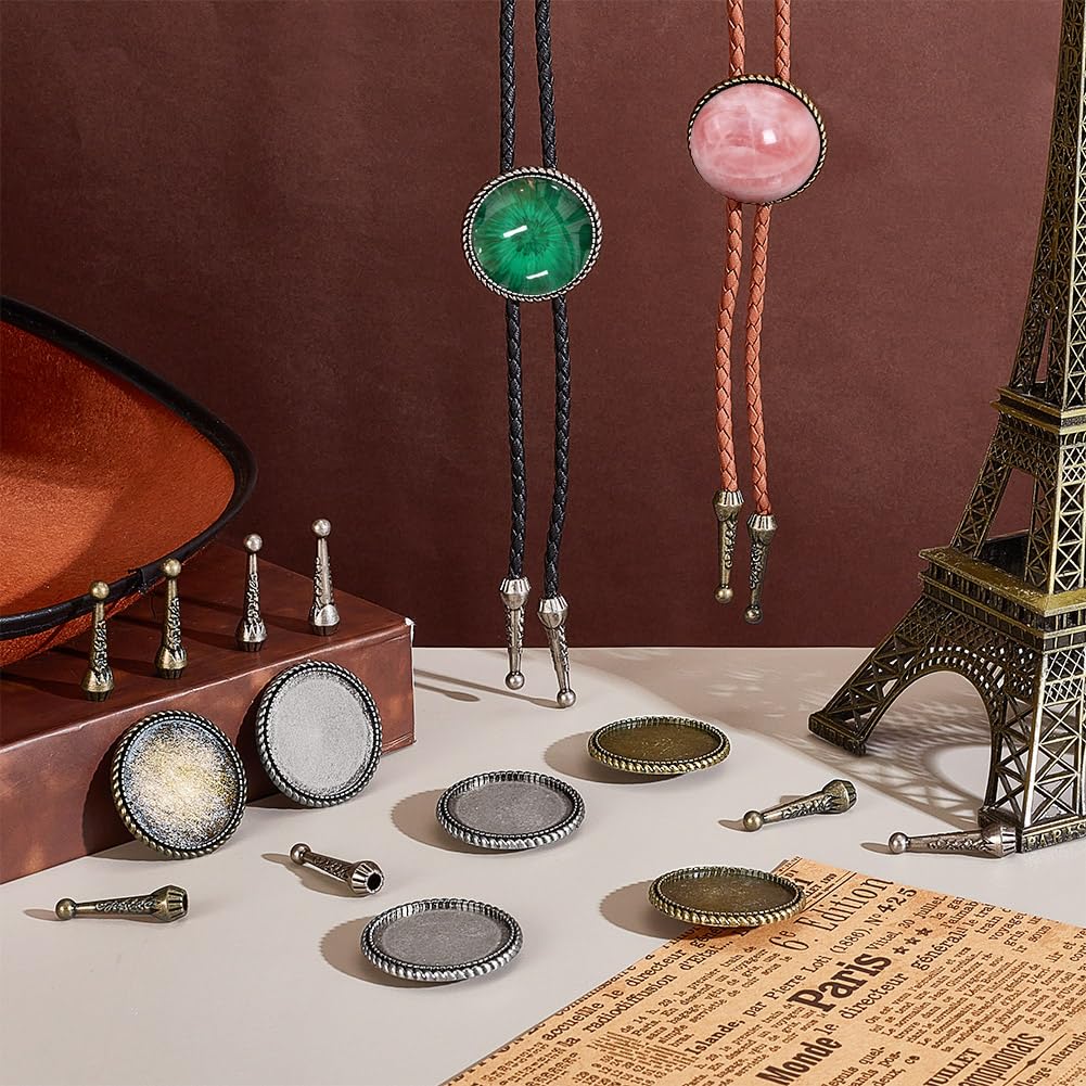 AHANDMAKER 2 Colors Bolo Tie Making Kits, 16pcs 1.28Inch Long Alloy Bolo Tie Tips Replacement End Caps, 8pcs Bolo Tie Slide Clasp Cabochon Settings, Bolo Necklace Replacement Kit for Bolo Tie Making