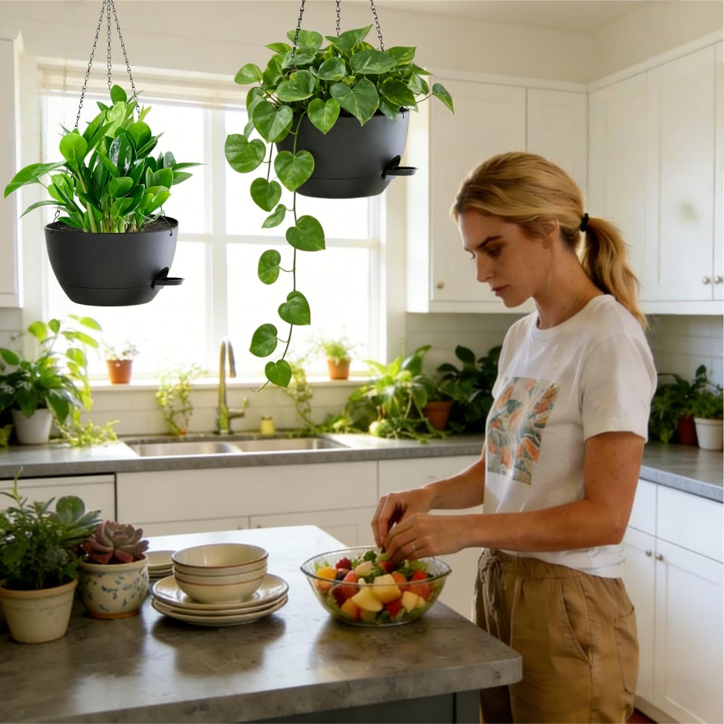 TESSTSY 3 Pack Hanging Planters for Indoor Outdoor Plants, 10 Inch Self Watering Hanging Pots for Plants, Plastic Hanging Flower Baskets for Plants Hanger with Drainage and Tray, Chain (Black)
