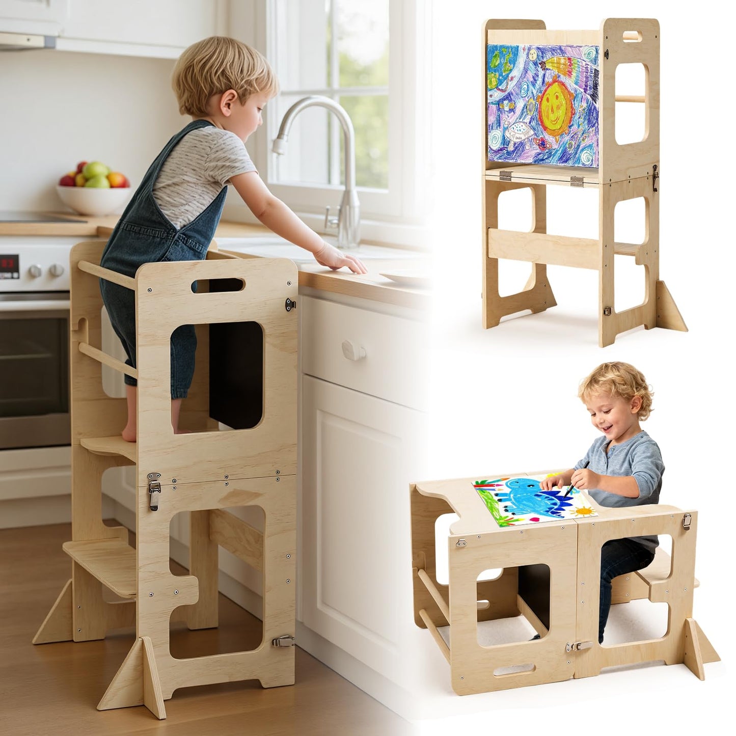 labebe Toddler Standing Tower for 12M+, Montessori Foldable Learning Standing Tower with Blackboard, Anti-tip Structure Design,Wooden Kitchen Step Helper Stool for 1-3 Year Old Boy Girl Gift