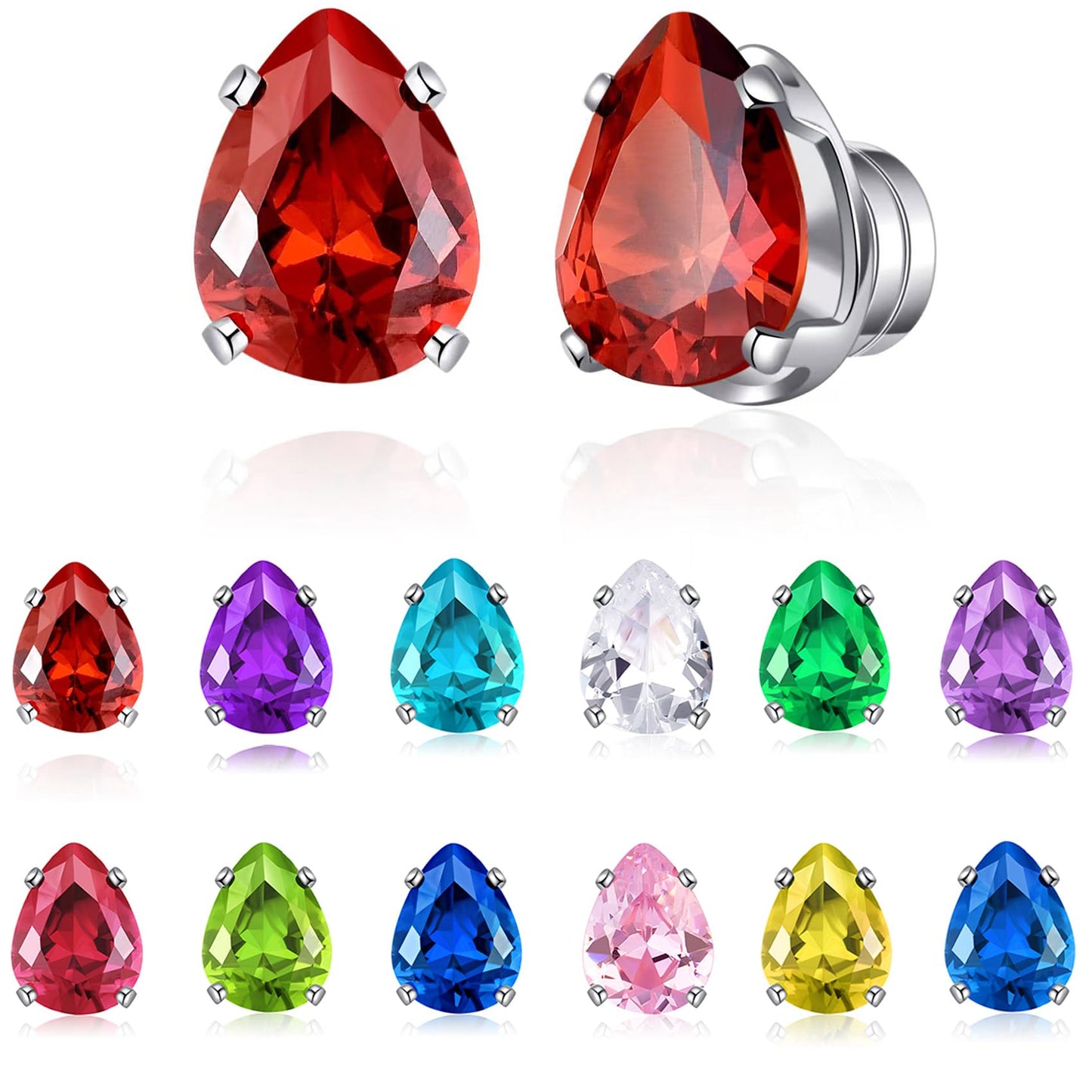 Spiritlele 12 Pairs Birthstone Magnetic Earrings Set Cubic Zirconia Clip on Non Piercing Fake Stud Earrings Birthday Gifts Unisex (Waterdrop)