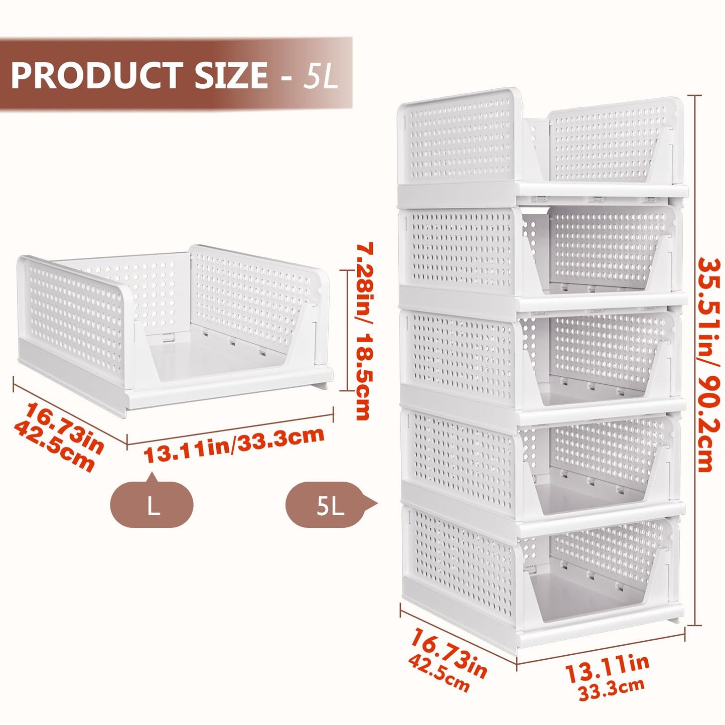 CTSNSLH 5 Pack Closet Organizers Storage Box, Closet Storage Stackable Storage Bins, Plastic Drawer Basket for Wardrobe Cupboard Kitchen Bathroom Office, White