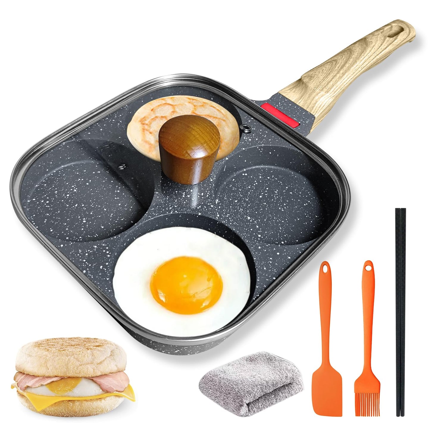 4‑Cup Nonstick Egg Pan Set with Lid – Aluminum Omelette Skillet for Breakfast, Includes Silicone Scraper, Oil Brush, Chopsticks & Cleaning Cloth – Compatible with Gas & Induction Cooktops (Black)