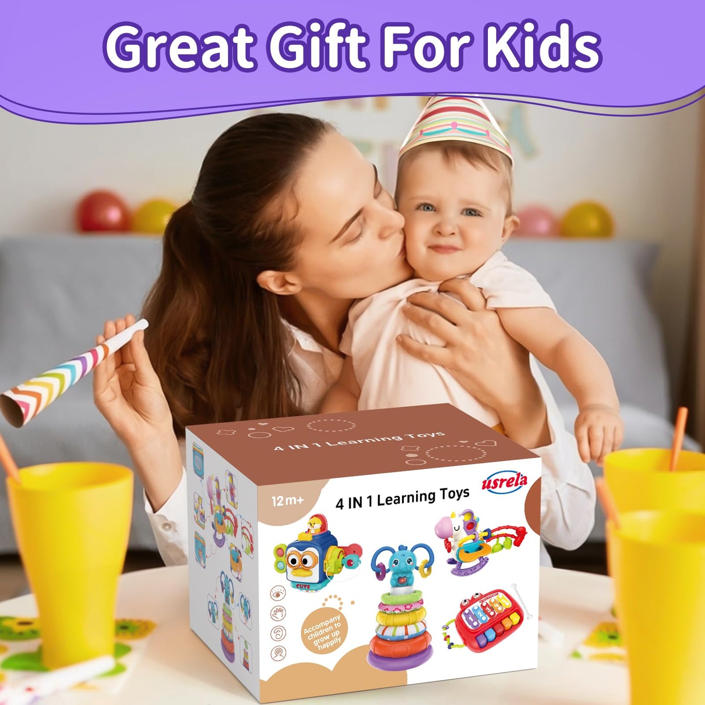 usrela 4 in 1 Baby Toys for 6 12 18 Month, Learning Toys for Babies 6-12 Months, Busy Cube, Stacking Sorter, Piano Xylophone Pull String Travel Toy, Birthday Gifts for Toddlers 1 2 Years Old