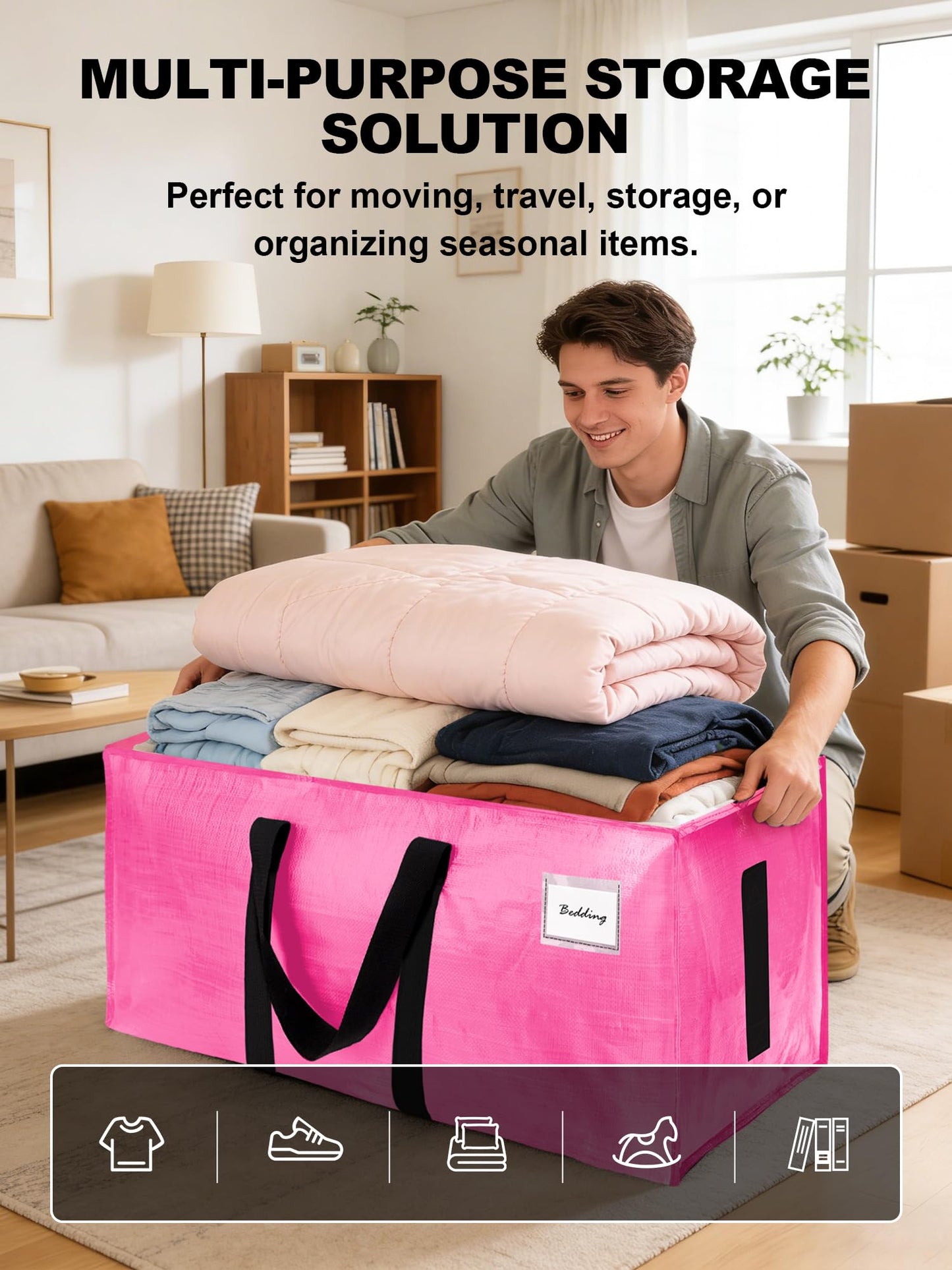 4 Pack Large Strong Moving Bags with Zippers & Carrying Handles - Water-Resistant - Heavy Duty Storage Tote for Space Saving, Fold Flat, Alternative to Moving Box (Pink)
