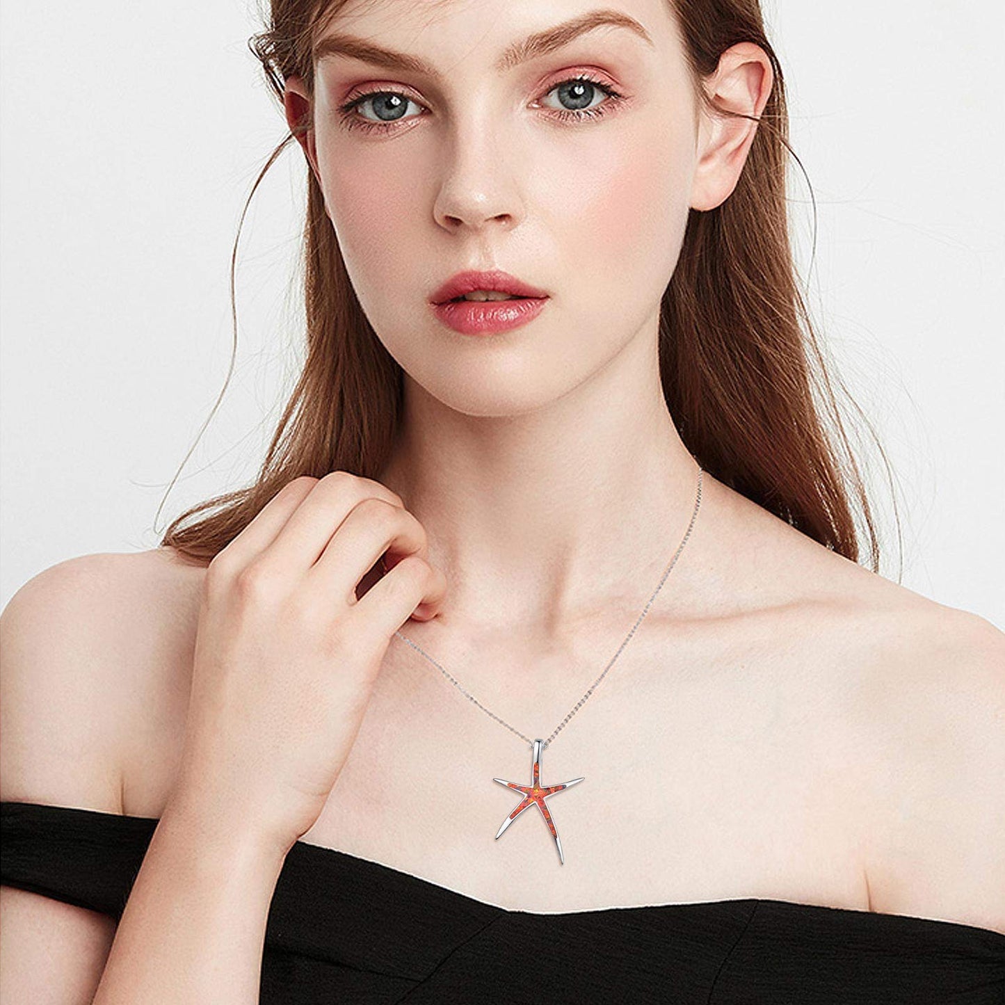 Cuoka Fire Opal Necklace 925 Sterling Silver Starfish Pendant Nautical Beach Sea Ocean Jewelry Valentine Gift for Women Girlfriend with Box