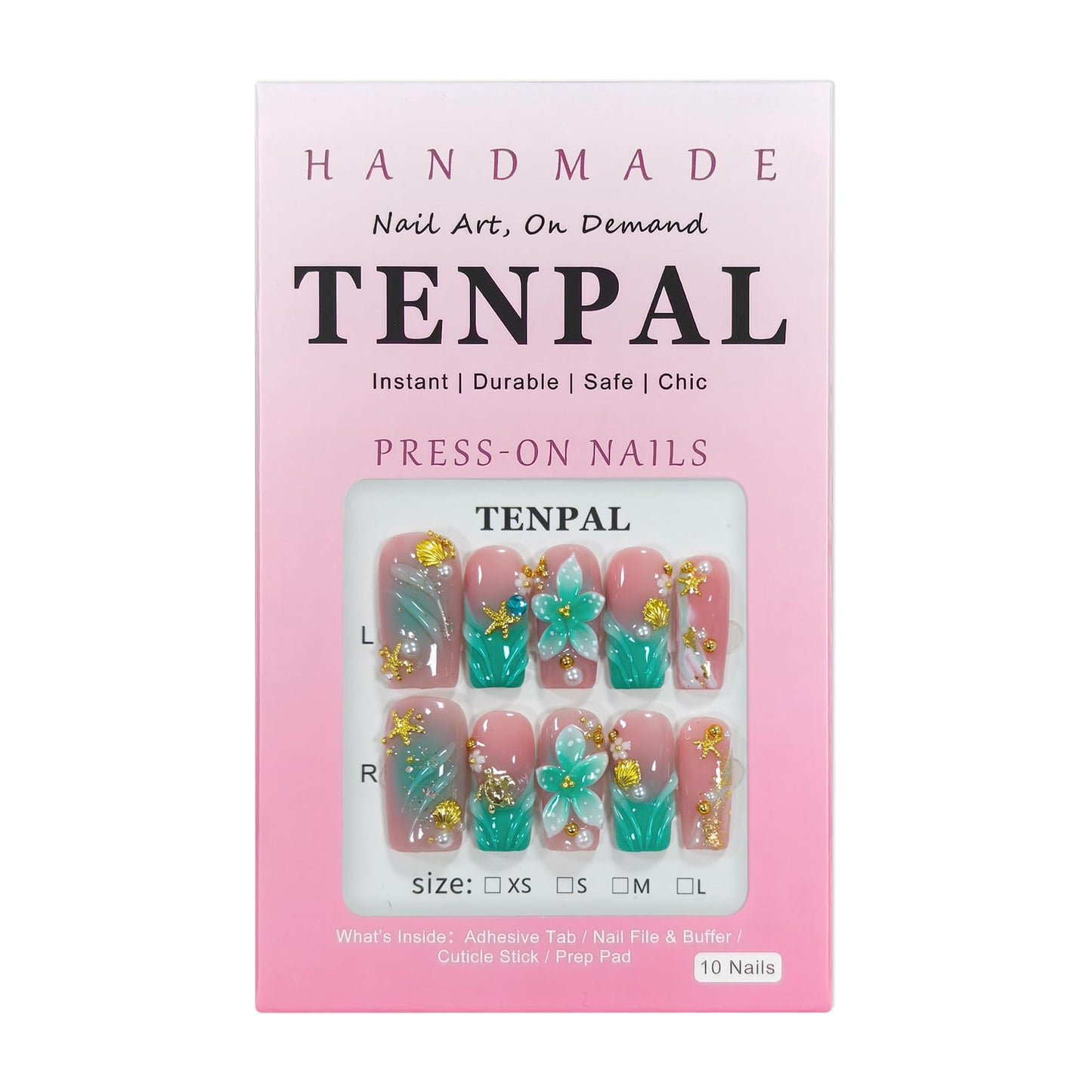 TENPAL Handmade Coffin Press on Nails Medium- Emerald Green Blushing Ombre Fake Nails with 3D Starfish & Shell Design, Coastal Elegance Style Glossy Acrylic Flowers False Nails with Tools(M)
