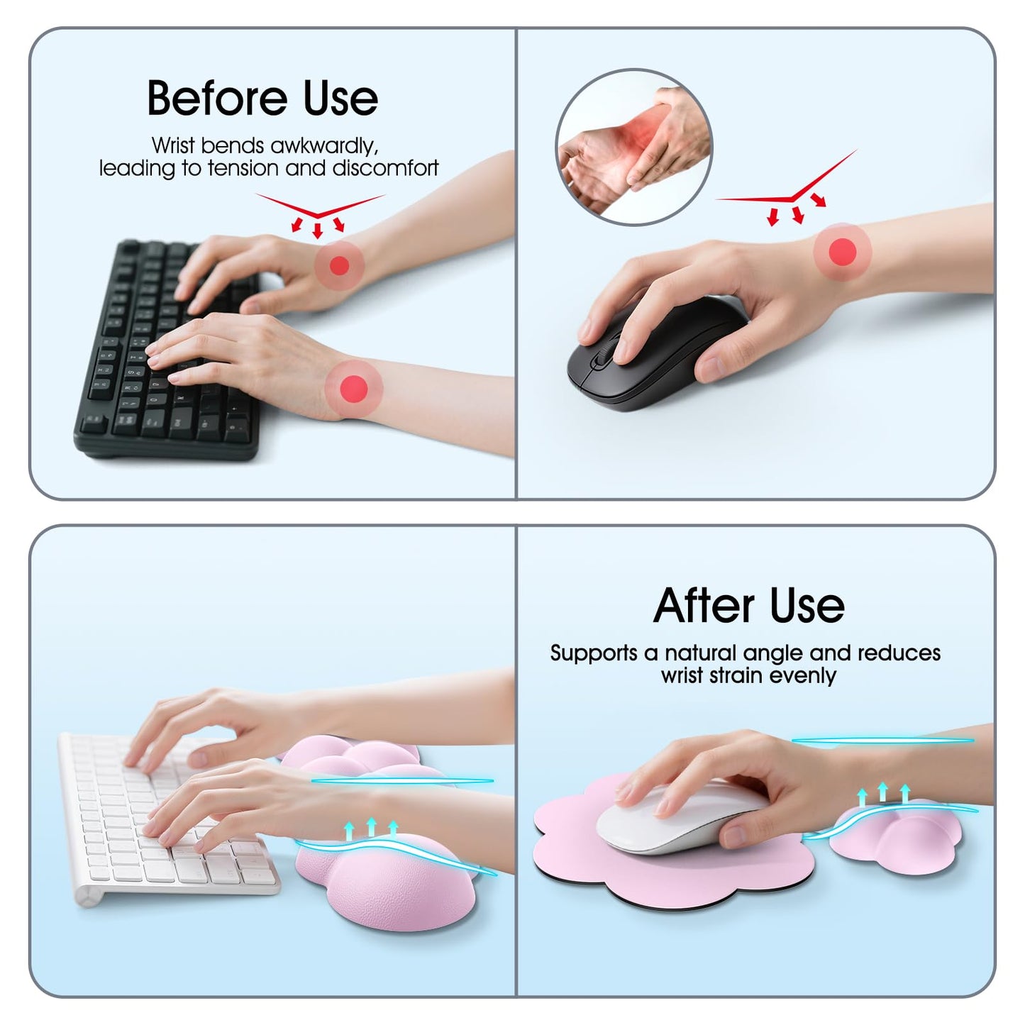 Retuhapy Cloud Wrist Rest Keyboard Cushion, 4-in-1 Ergonomic Cloud Keyboard Wrist Rest and Mouse Pad Set with Memory Foam Arm Support for Palm, Cute Desk Accessory for PC Gaming Setup, Pink