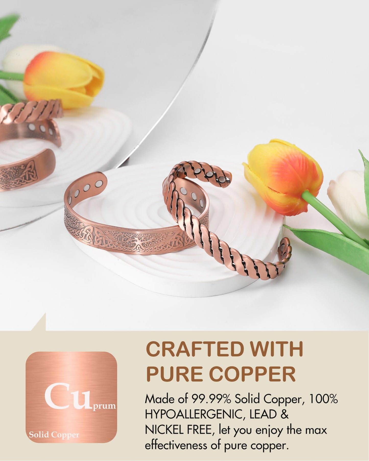 Feraco Pure Copper Bracelet for Men Women, Enhanced Strength Magnetic Bracelet with 3800 Gauss Neodymium Magnets, Solid Copper Cuff Bangle, Adjustable Jewelry Gift (TwistFlow)