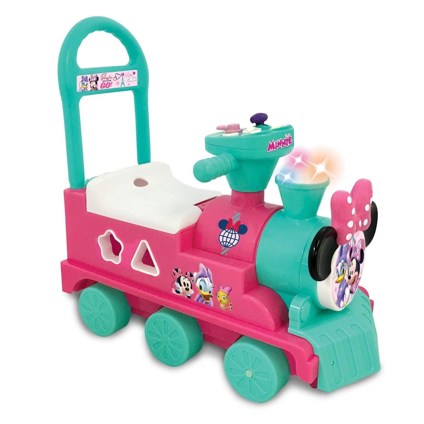 Kiddieland Disney Minnie Mouse Play n' Sort Activity Train Ride-On with Lights, Sounds, Shape Sorter, Storage Seat, Push Handle, Ages 12–36 Months, Toddler Indoor Toy for Motor Skills