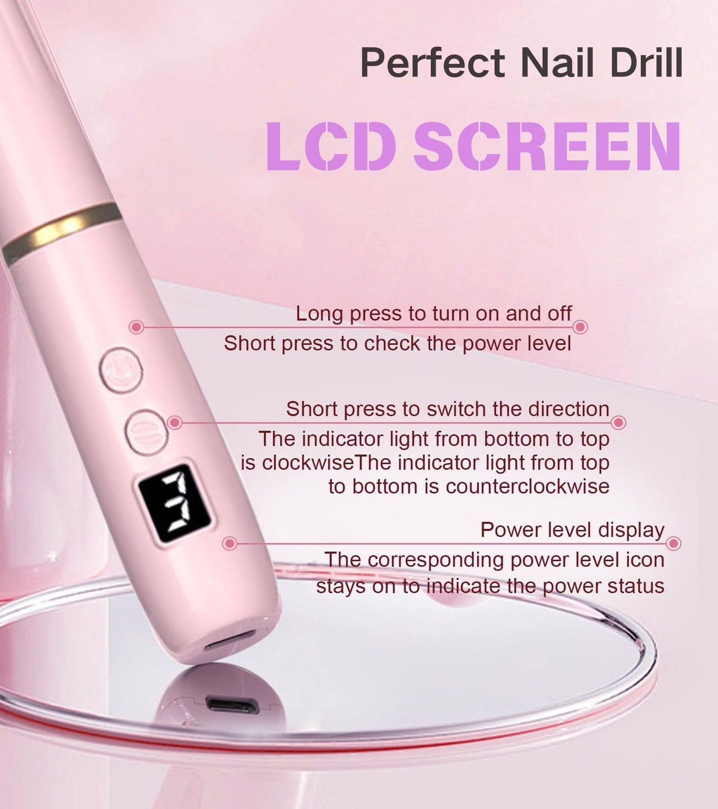 HengYuaoler Electric Nail Drill Machine File Efile Set for Acrylic Gel Nails Portable Nail Drill Machine Kit Rechargeable Pedicure Tools for Hand Feet Manicure Pedicure Tools Polishing Set (Pink)