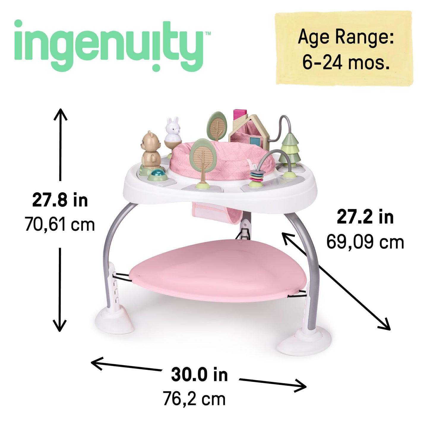 Ingenuity Spring & Sprout 2-in-1 Baby Activity Center Jumper and Table with Infant Toys - Ages 6 Months +, First Forest in Pink