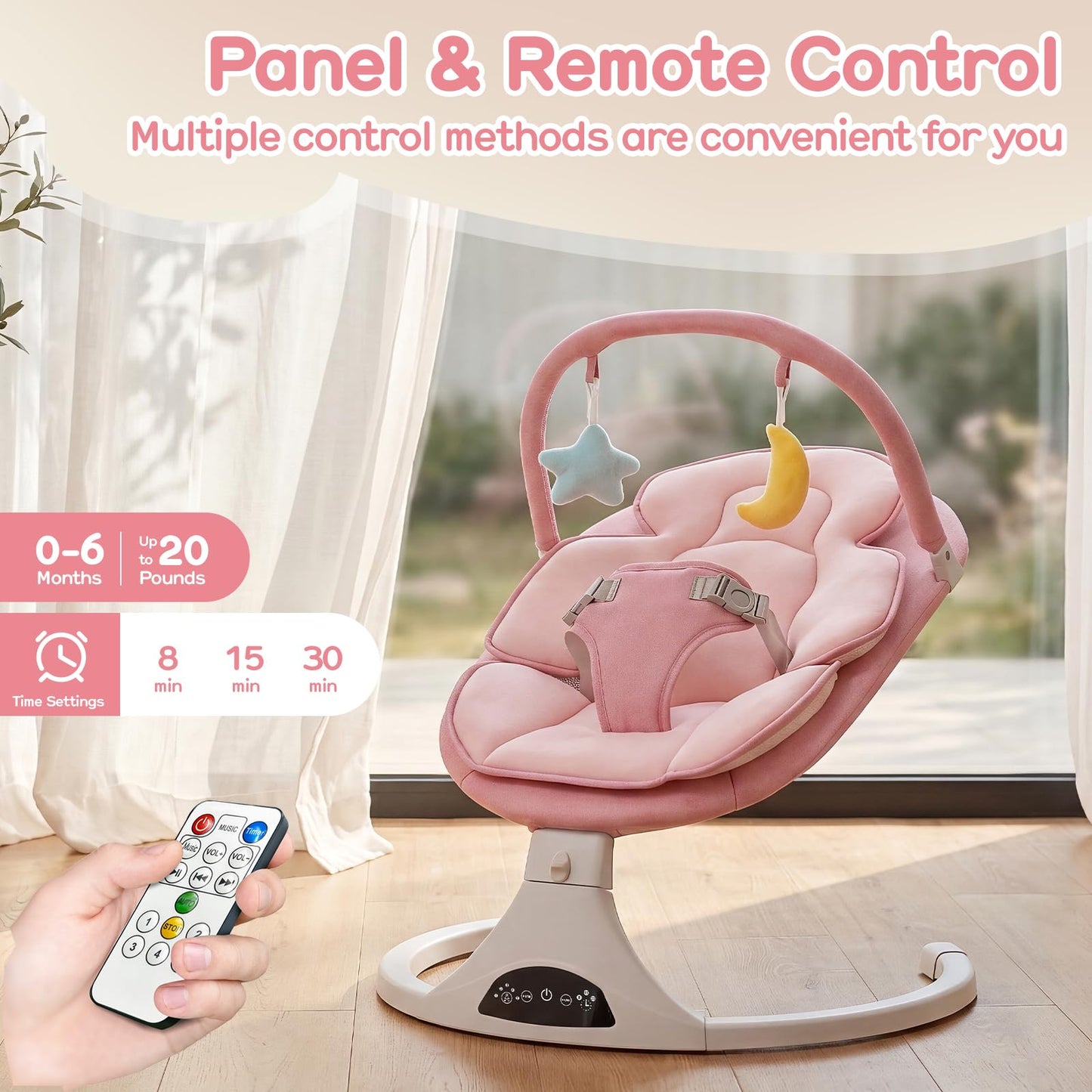 Electric Baby Swing with Remote Control - 5 Natural Motion Speeds, Detachable Seat Pad | Portable Infant Swing for Indoor/Outdoor Use (0-6M, 20lbs) (Pink)