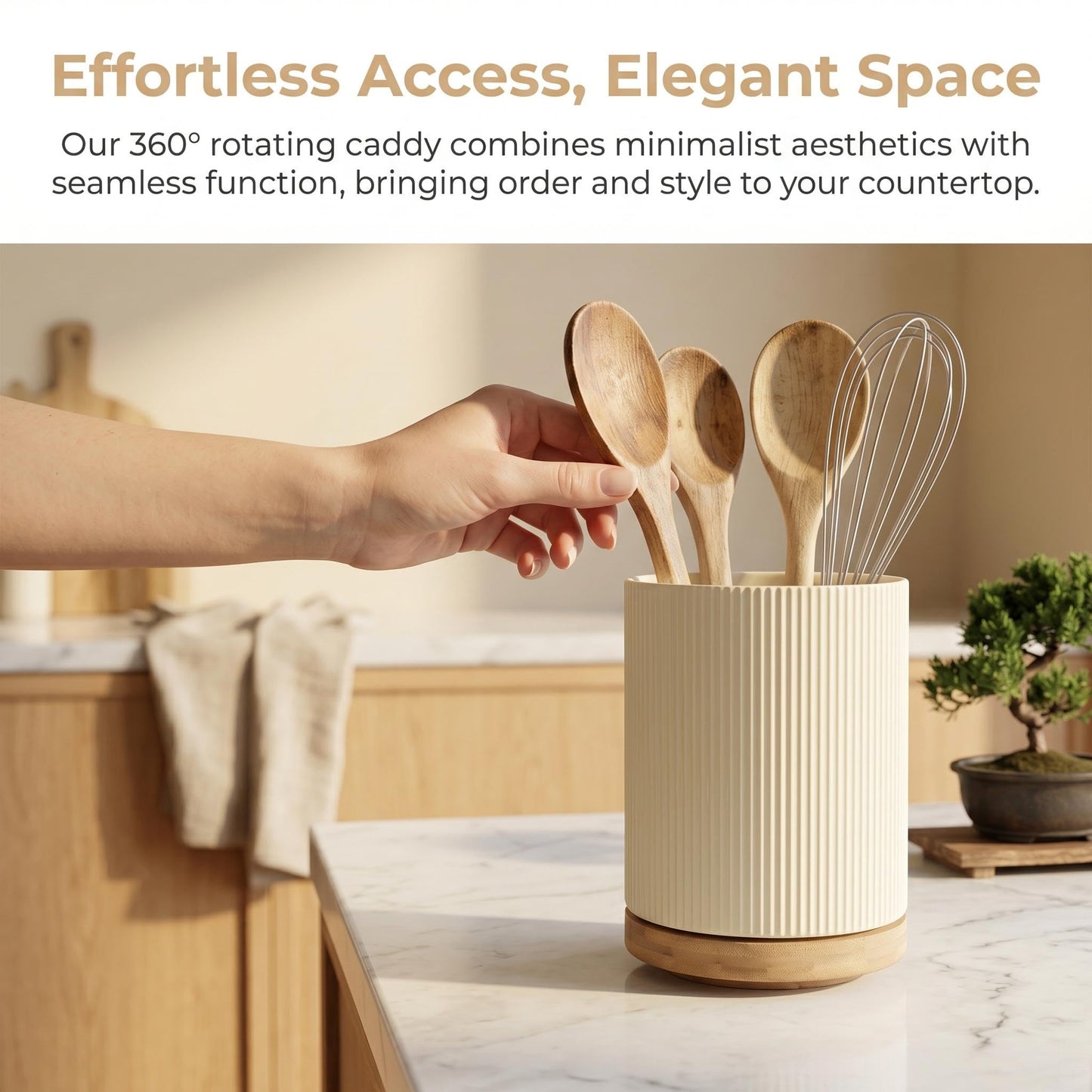 QUELIEN Utensil Holder, 360° Rotating Ceramic Kitchen Utensil Holder for Countertop, 7.7" Utensil Crock for Kitchen Counter with Rotatable Wooden Base,Ideal Housewarming Gift & Mothers Day Gift