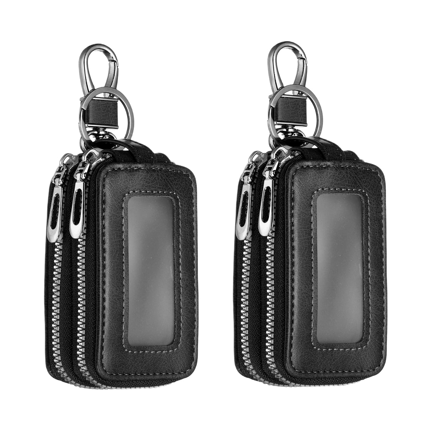 HARFINGTON 2Pcs Double Car Key Fob Case Leather RFID Smart Key Chain Keychain Holder with Metal Hook Keyring Zipper Bag for Remote Key Fob, Black