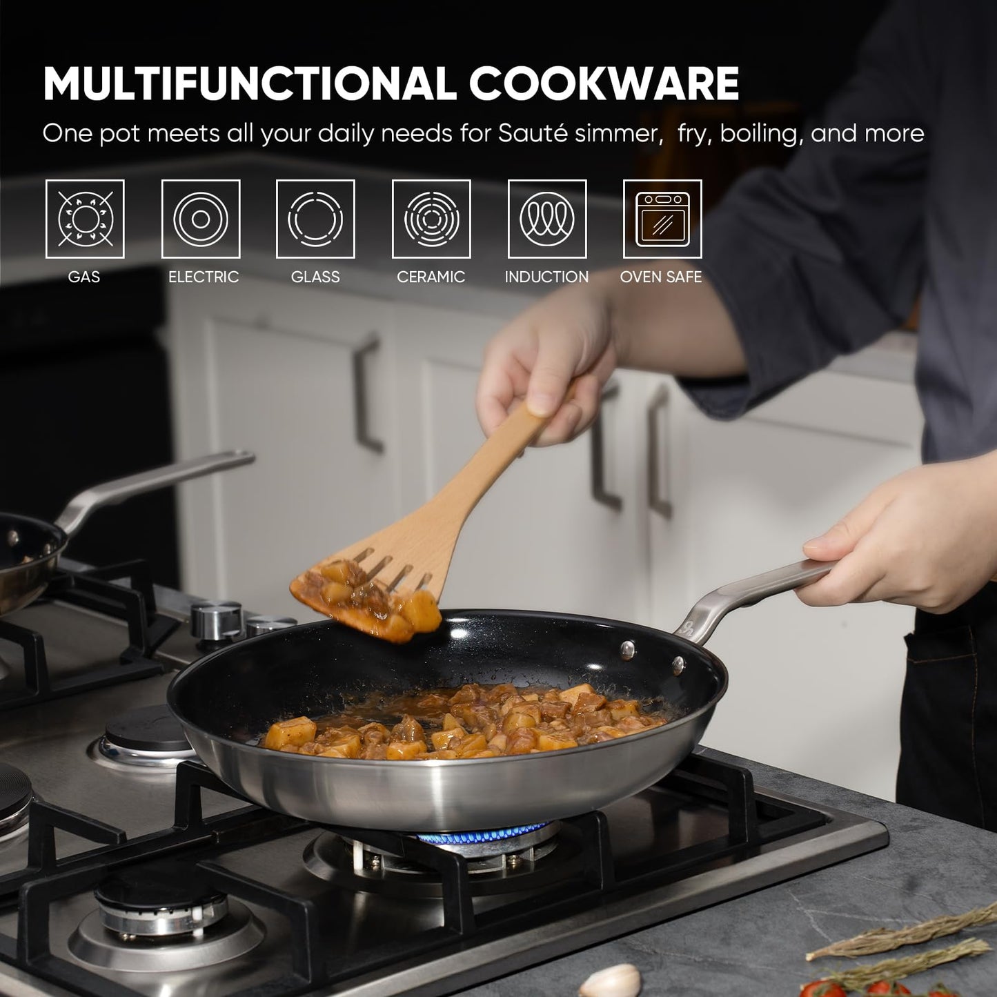GLOBEHOME 5 Ply Ceramic Non Stick Frying Pans - 12 Inch Stainless Clad Nonstick Skillet, Non-Toxic PTFE PFOA & PFAS Free, Induction Ready Oven Safe up to 650°F, Professional Even Heating Cookware