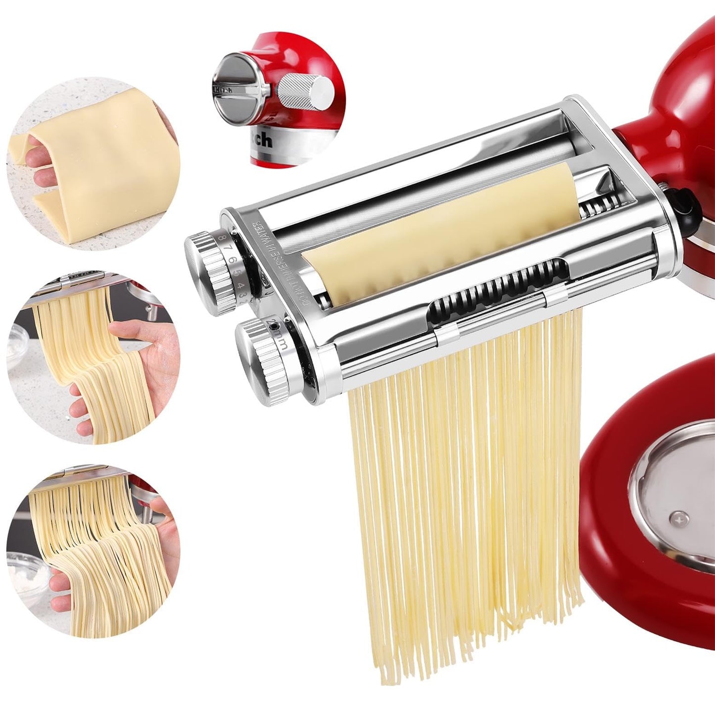 FavorKit 3 in 1 Pasta Maker Attachment Set for KitchenAid Mixers Plus Hub Knob Screw Accessory Included Dough Sheet Roller, Noodle Spaghetti & Fettuccine Cutters-Unique Design