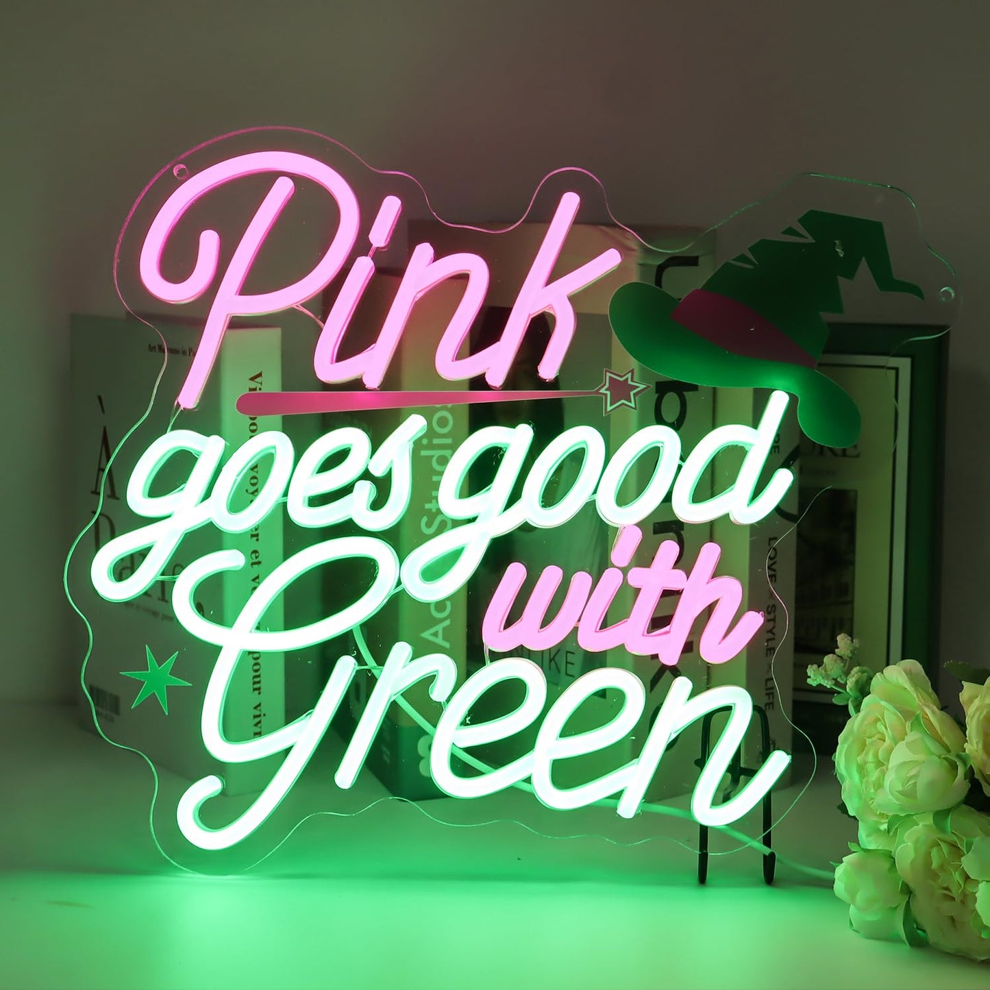 “Pink Goes Good With Greed” Witch-Themed Neon Sign - Enchanting LED Decor with Magic Hat Accent (13.9”x13.4”)