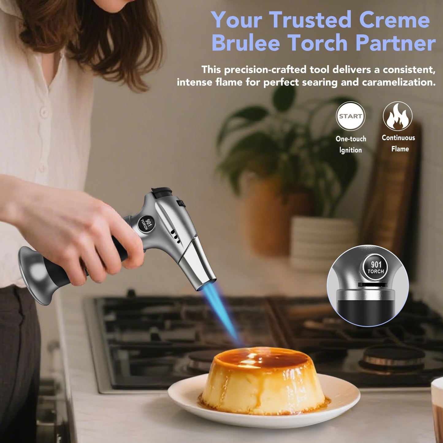 Sondiko Creme Brulee Torch, Butane Torch Lighter, Refillable Blow Torch with Adjustable Flame, Safety Lock for Soldering, Kitchen, Welding, Butane Gas Not Included