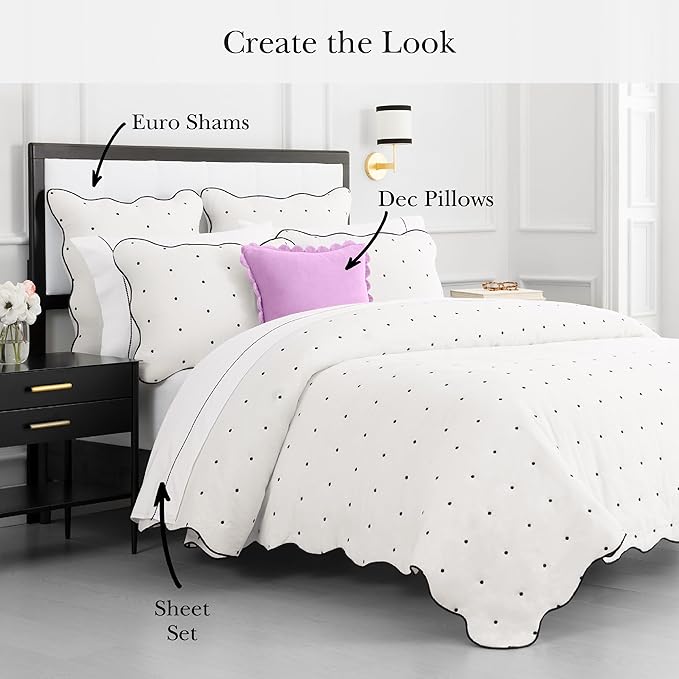 kate spade new york Scalloped Edge Euro Sham, 26" x 26" Decorative Pillow Cover, Single 100% Cotton Cover, Machine Washable, Marshmallow