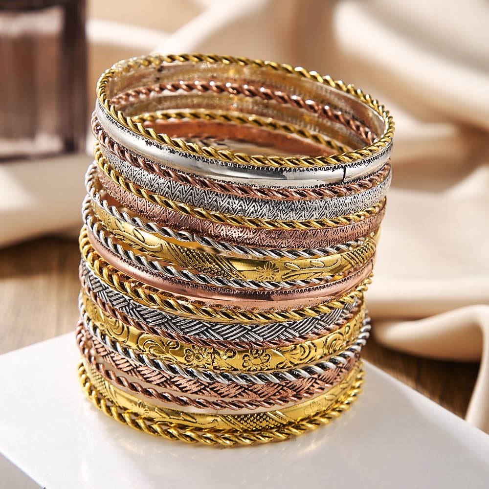 RINTOLER 19Pcs Vintage Engraved Pattern Gold Bangle Bracelets Set for Women - Multi Layer Stackable Textured Bracelets Boho Jewelrys for Women.