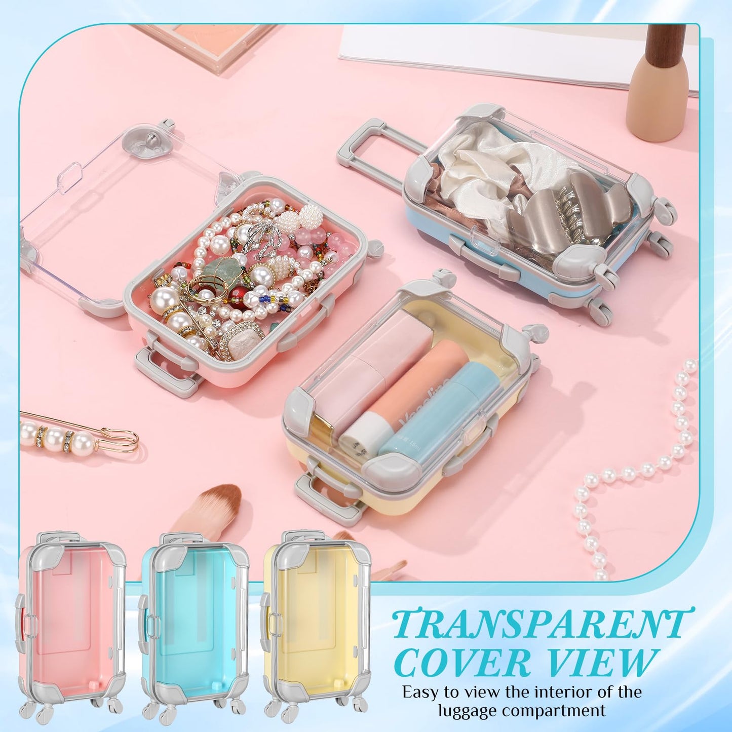 Honeydak 3 Pcs Mini Plastic Suitcase False Eyelashes Tray Luggage Trolley Candy Box Clear Suitcase Packaging Case Party Favor Box for Jewelry Cosmetic Hairpins Storage (Pastel Color,7 x 3.7 x 2 Inch)