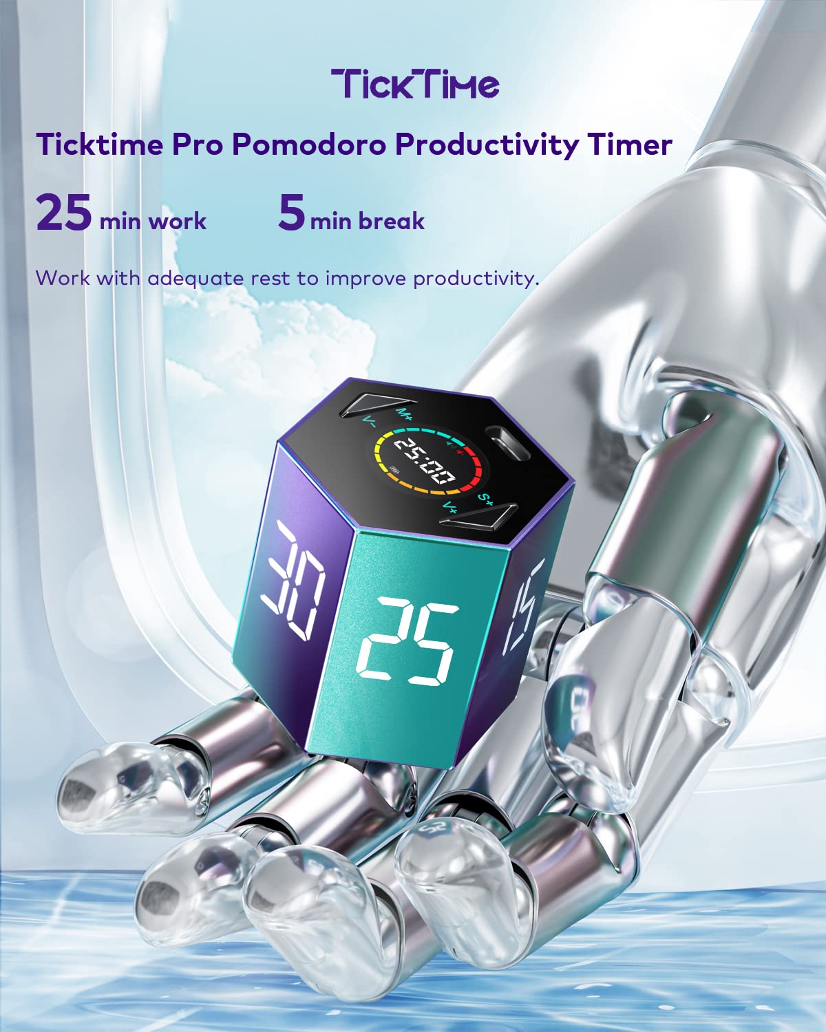 Ticktime Pomodoro Timer, Productivity Timer Cube, 5/15/25/30/45/60 Min Presets, Custom Countdown & Stopwatch 1s–99m59s, Sound/Vibration/Silent, Magnetic, Rechargeable, for ADHD Study Work,Violet