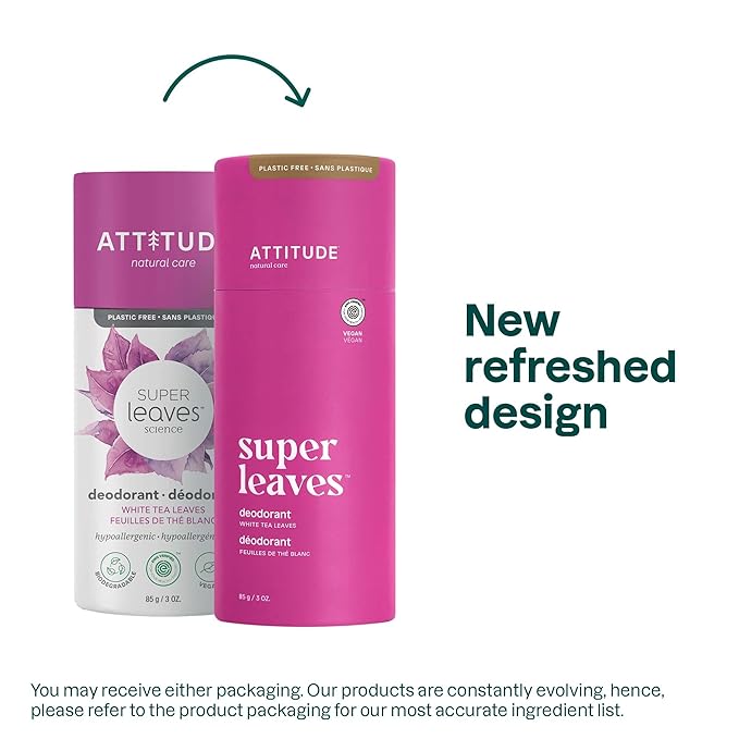 ATTITUDE Plastic-Free Natural Deodorant, Biodegradable Cardboard Tube, Aluminum-Free and Hypoallergenic, White Tea Leaves, 3 Oz (Pack of 1)