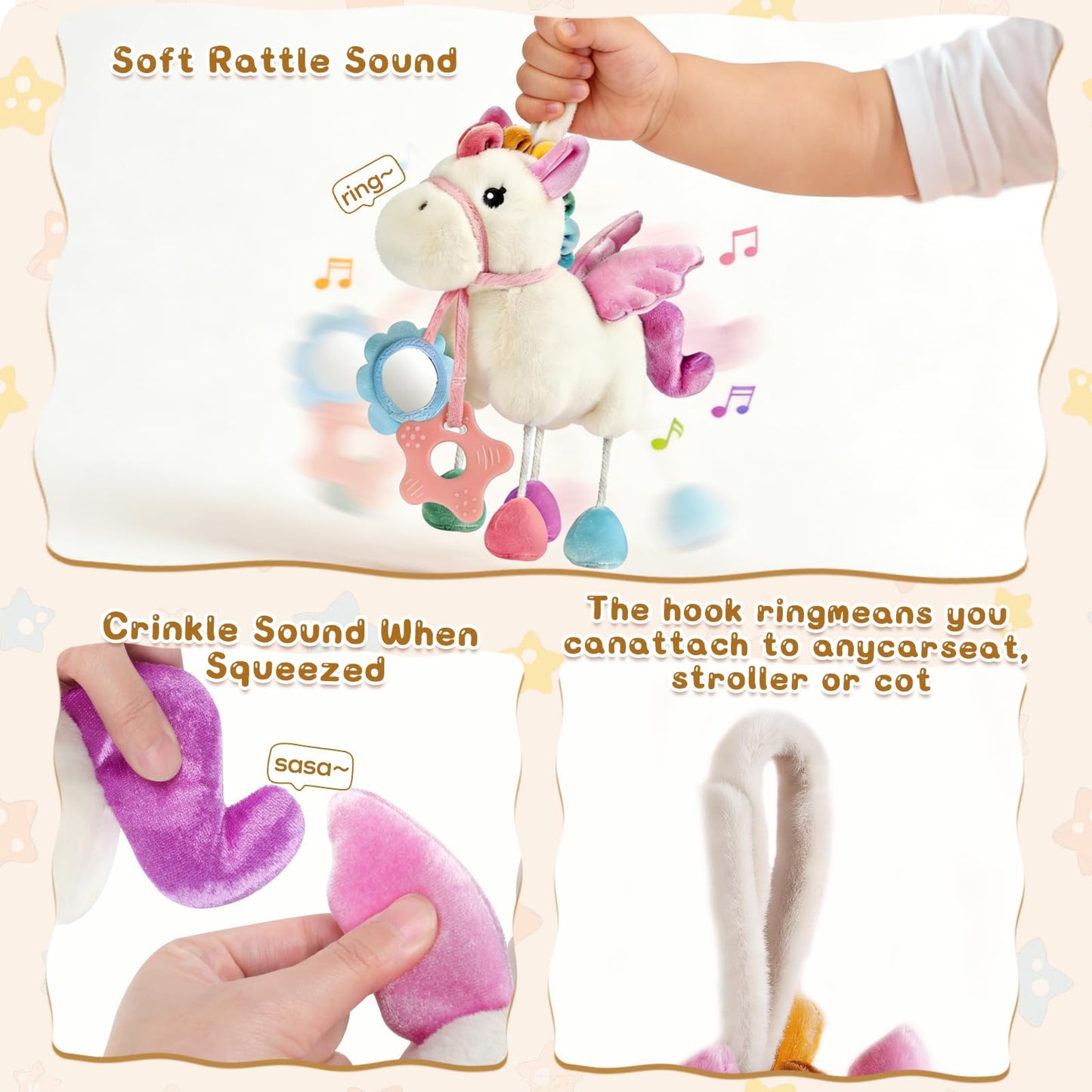 TYRY.HU Baby Stroller or Car Seat Toy,Soft Plush Stroller & Cot Hanging Toys, Rattle Sensory Developmental Activity Toy-Textured Ribbons&Crinkle Sounds&Silicone Teether, Gift for 0 3 6 9 12 Months