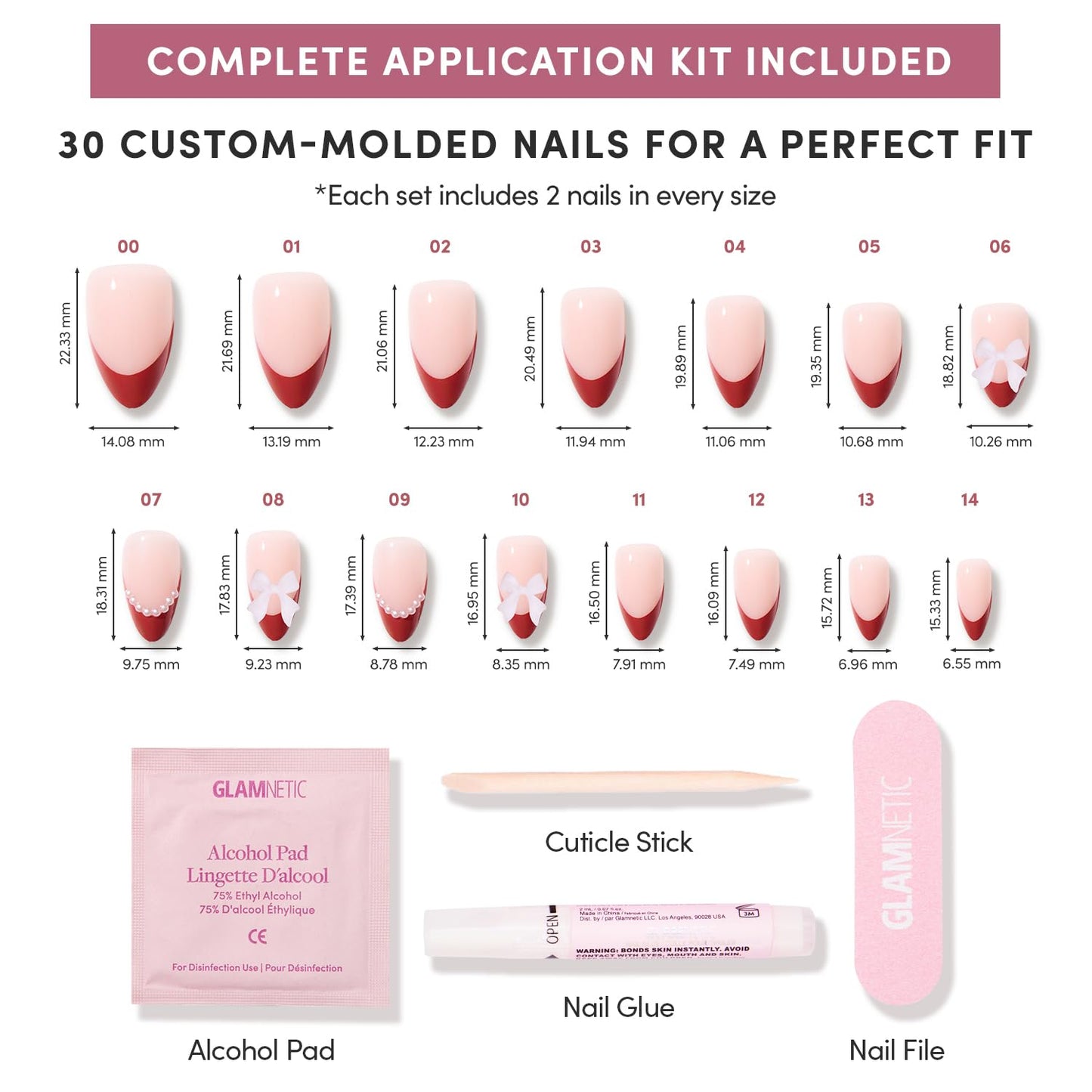Glamnetic Press-On Nails Bundle - Ruby Ribbons & She's A Gift | Short Almond Fake Nails with Red French Tips & 3D Bows | Short Almond Fake Nails in Burgundy Chrome with French Tips and Ribbon Designs