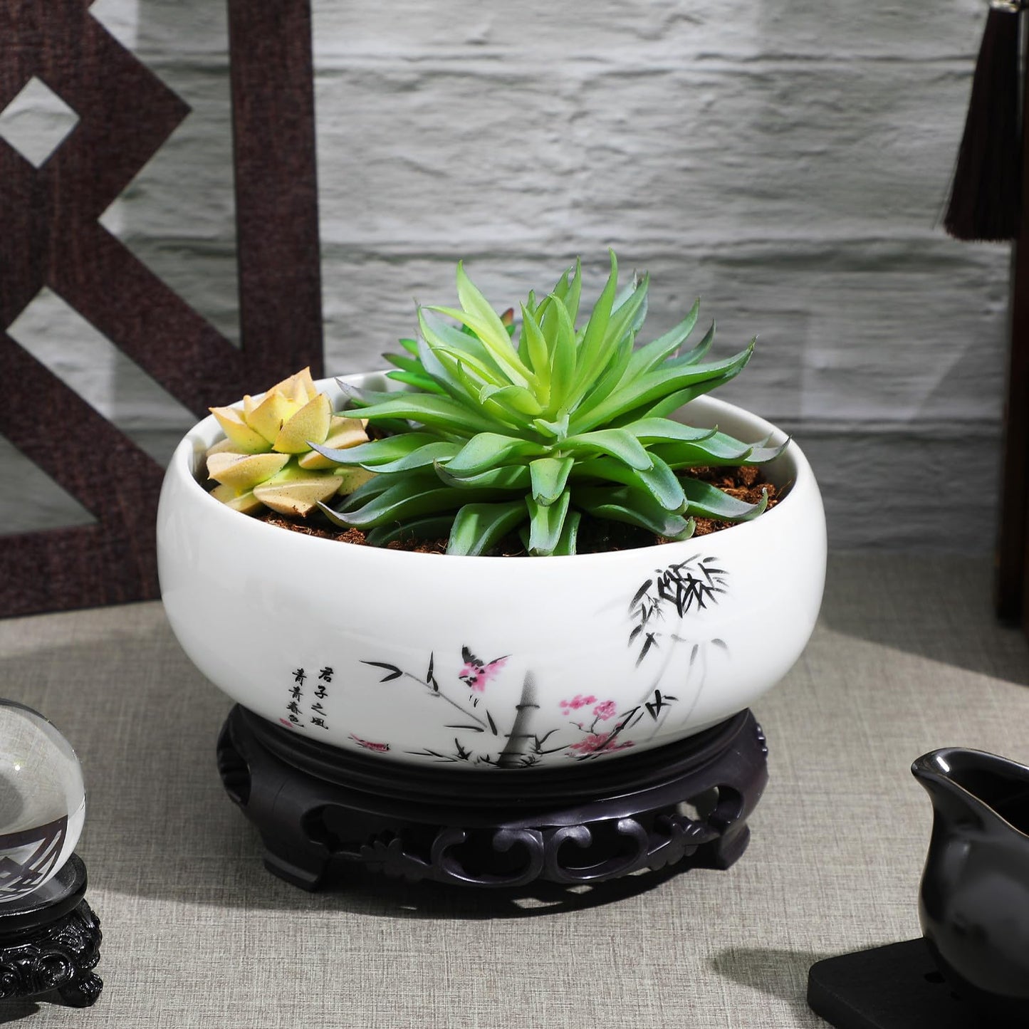 HEMOTON Lotus Bowl Planter, Chinese Style Ceramic Water Lily Pot with Ink Bamboo Pattern, No Drainage Hydroponic Vase for Indoor Plants, Decorative Fish Bowl with Plastic Base
