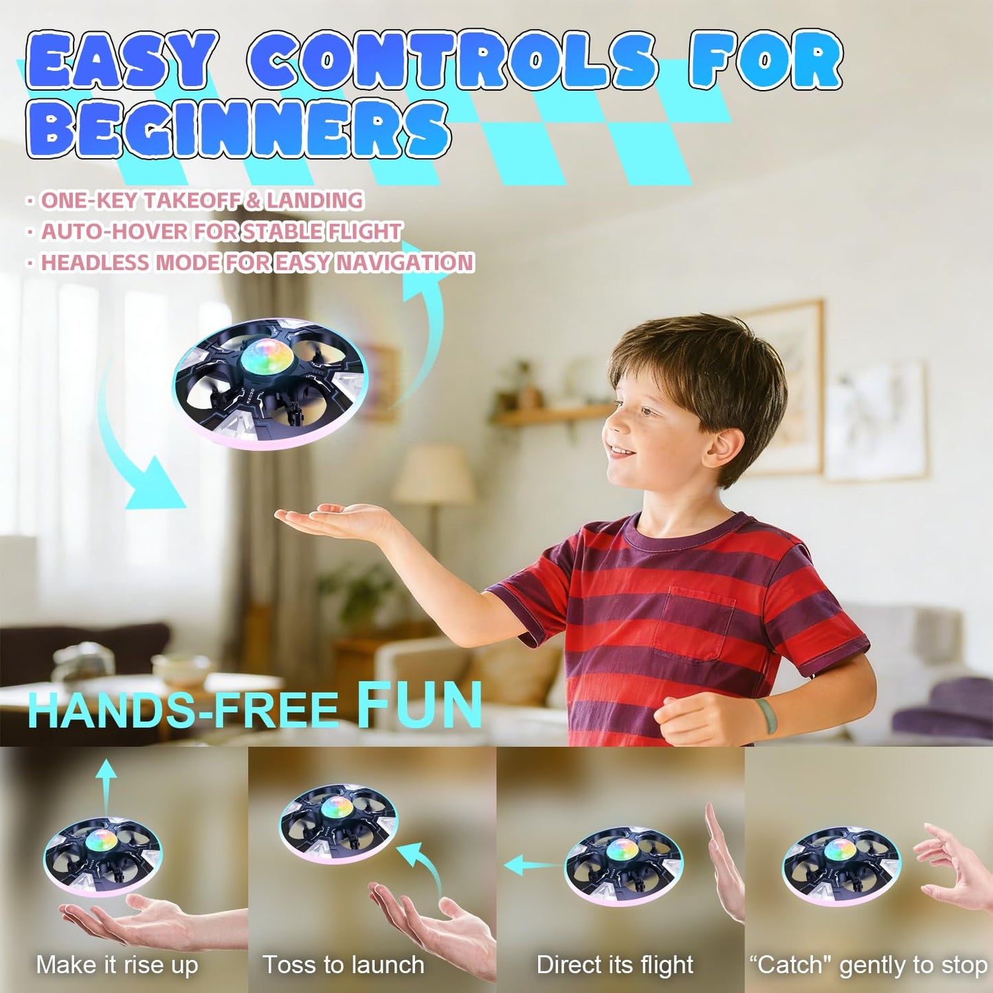 Mini UFO Drone for Kids – Safe RC Toy with 7 LED lighting modes, 360° Flips, Light Projection onto Ceilings, Auto Hover, Hand Gesture, 2 Batteries(14 Min Flight), Ideal Fun Gift for Kids
