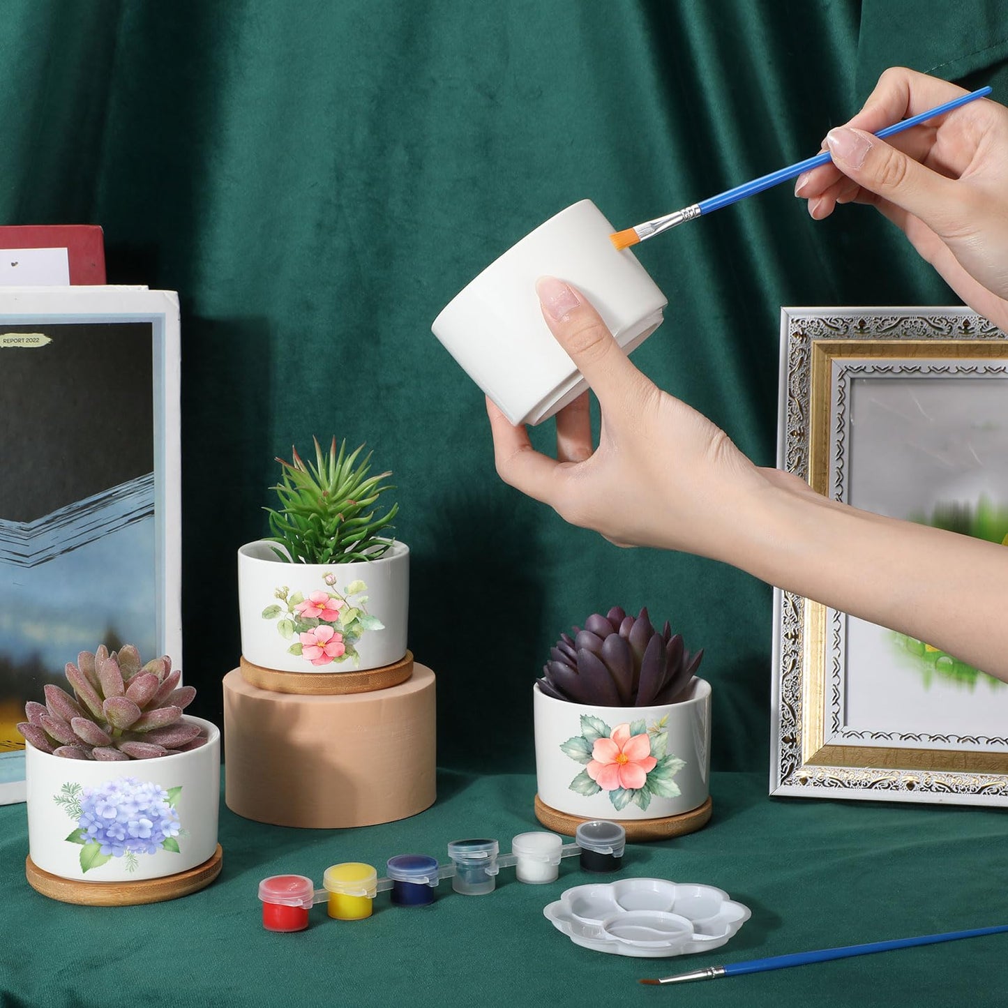SiliFine 12 Sets DIY Ceramic Succulent Pots Painted Ceramic Flower Pots with Drainage Holes, Paints, Brushes, Palettes, Trays for DIY Event Adults Craft Birthday Gifts