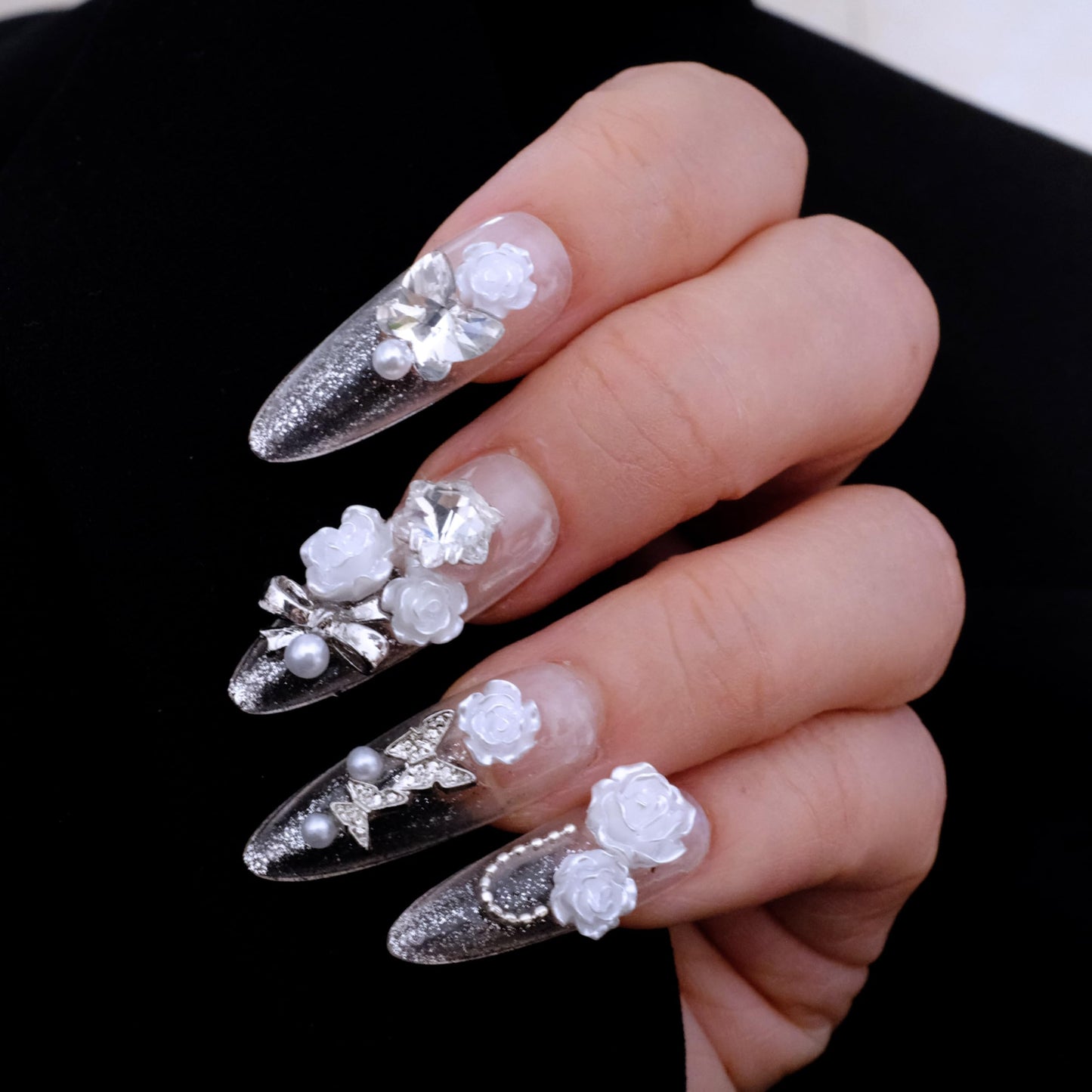 GLORS Luxury Long Almond Press-On Nails, 3D White Roses with Silver Glitter, Pearl and Rhinestone Decorations, Handmade False Nail 10 Pieces (Small, LS)