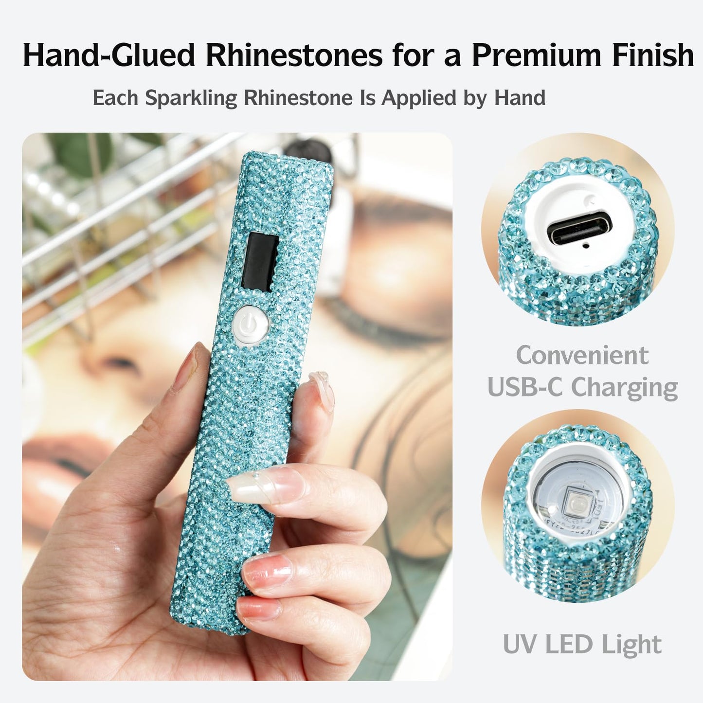 keeyada Handheld UV Nail Lamp with Sparkly Rhinestones, 3W Portable LED Nail Lamp, Wireless Rechargeable USB Nail Dryer with Silicone Stamper, LCD Display, Ideal for Home DIY Manicures (Green)